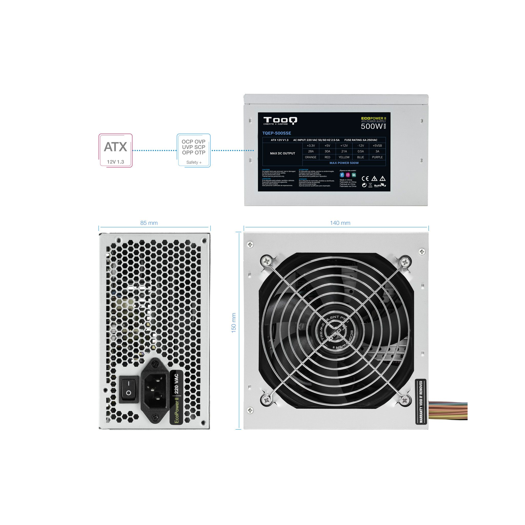 Alimentatore con ventola, connettori e dimensioni, sfondo bianco.