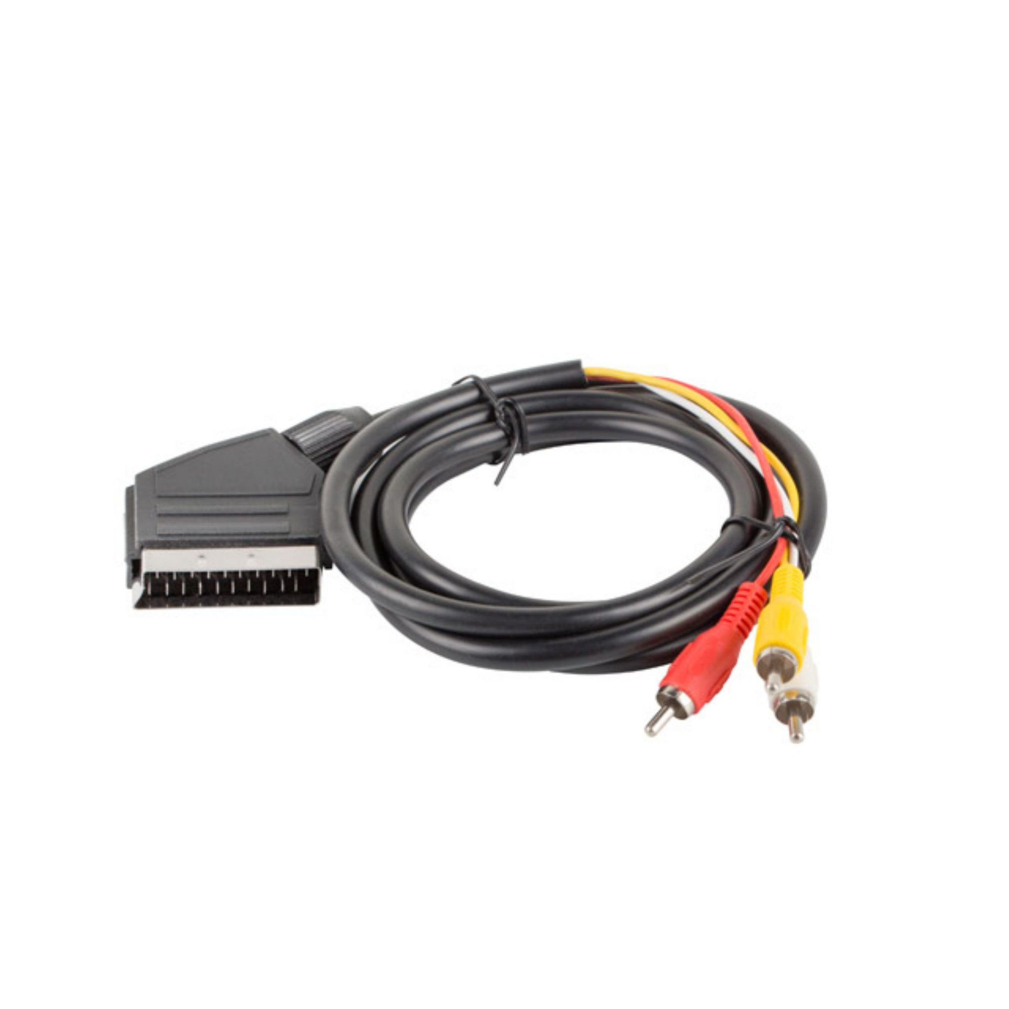 Cable SCART a RCA. Cable negro con conector SCART negro y 3 conectores RCA.