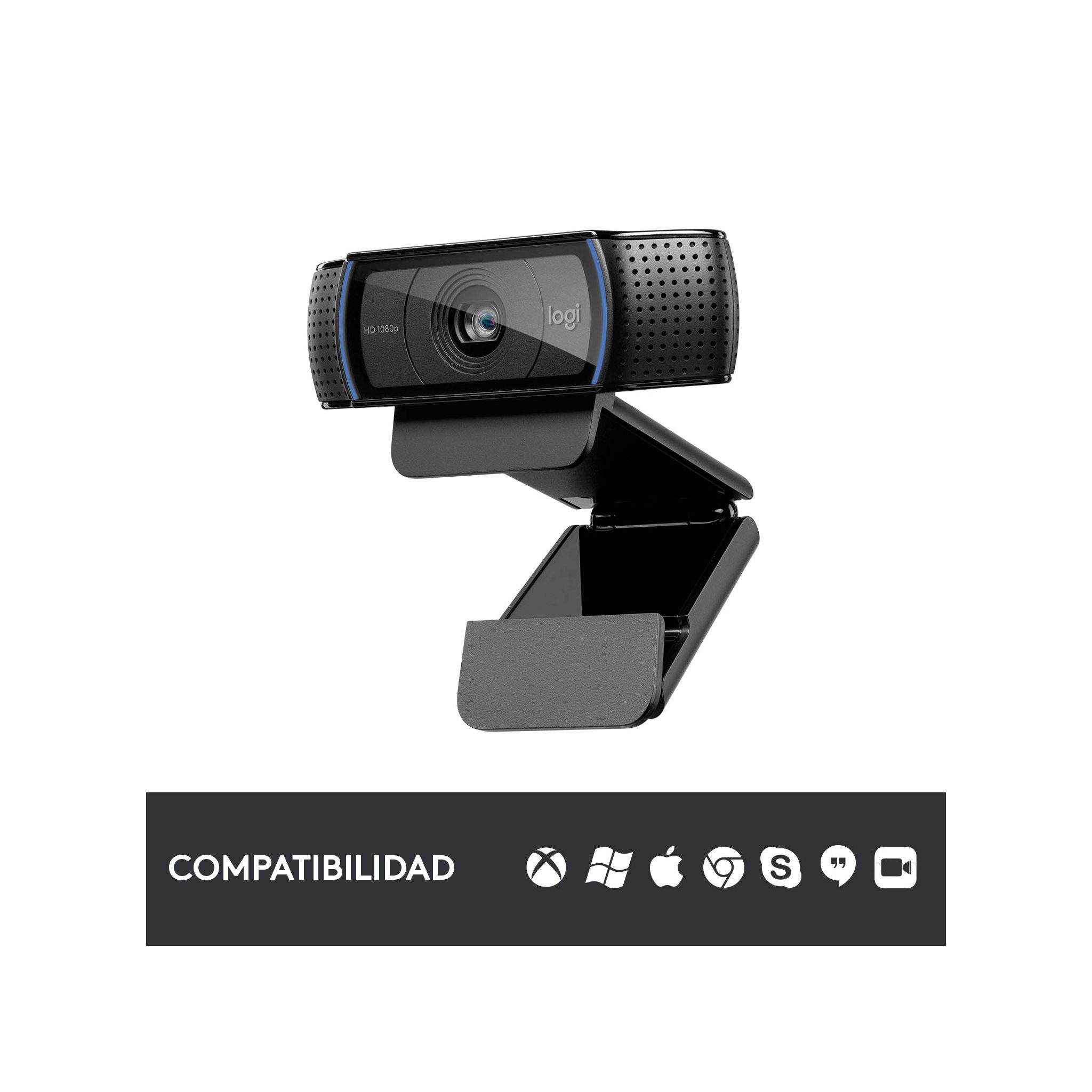 Webcam negra con un acento azul y un soporte incorporado, sobre fondo blanco.