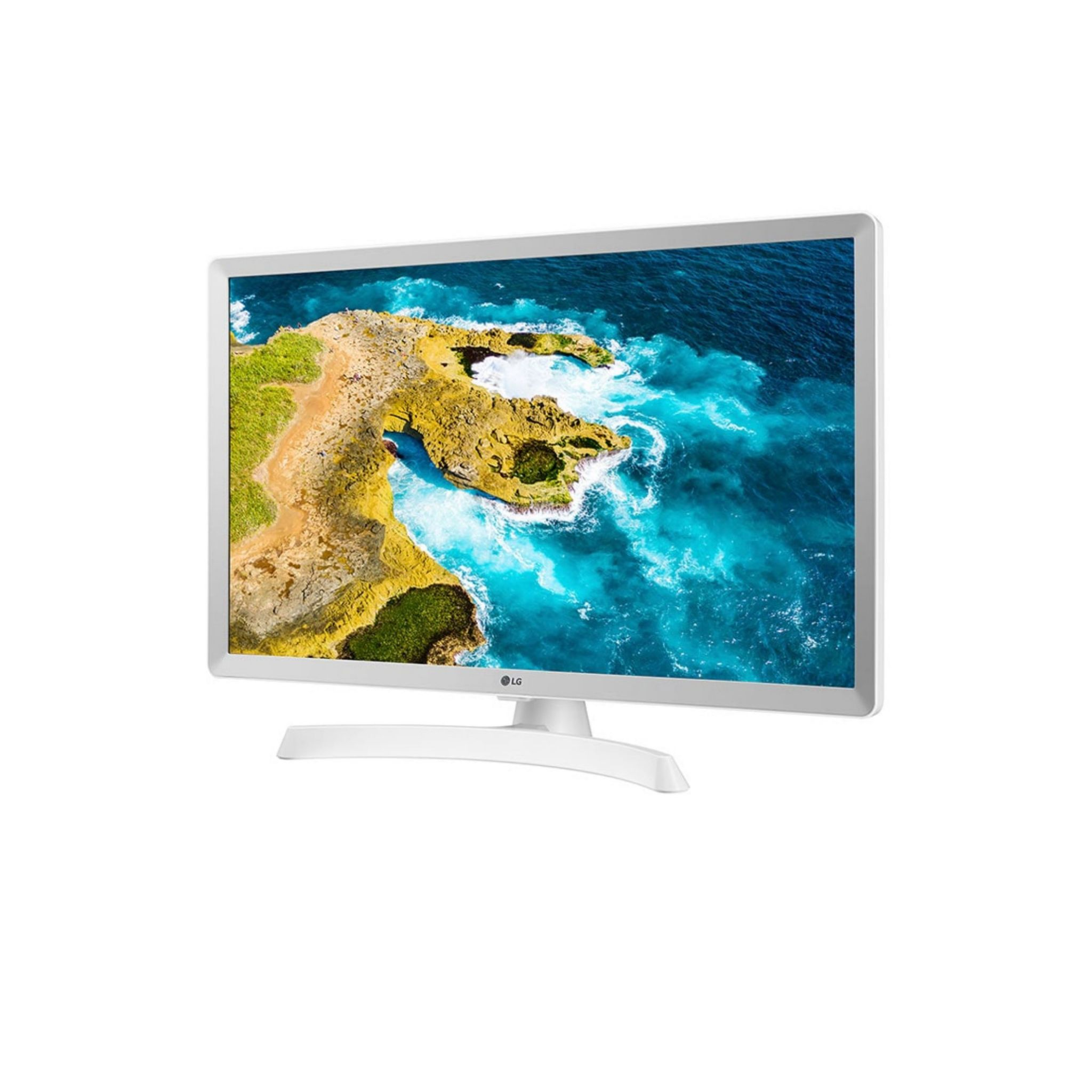 Una TV a schermo piatto che mostra una vista costiera, con cornice bianca.