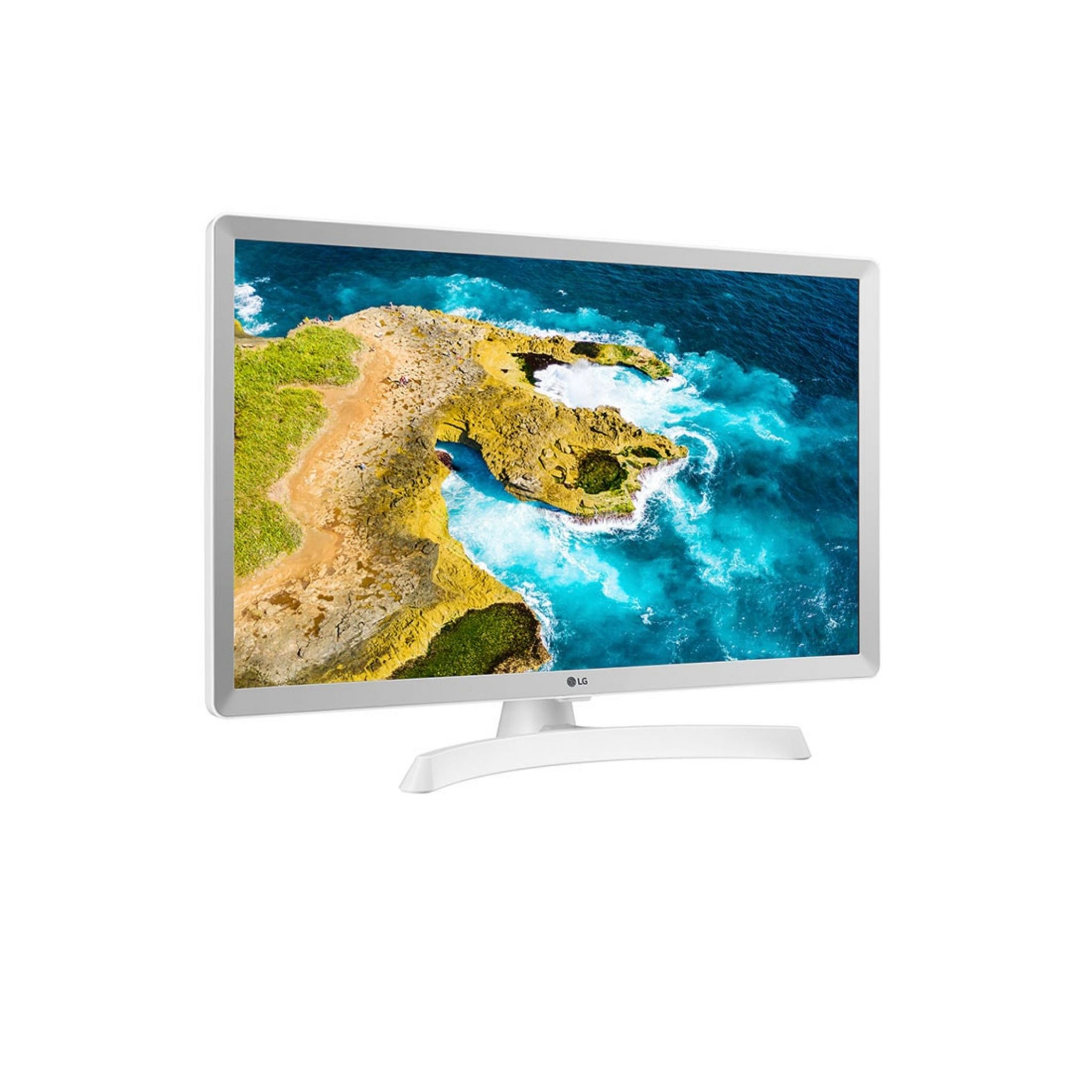 TV LG bianco con paesaggio costiero, rocce e mare, su supporto bianco.