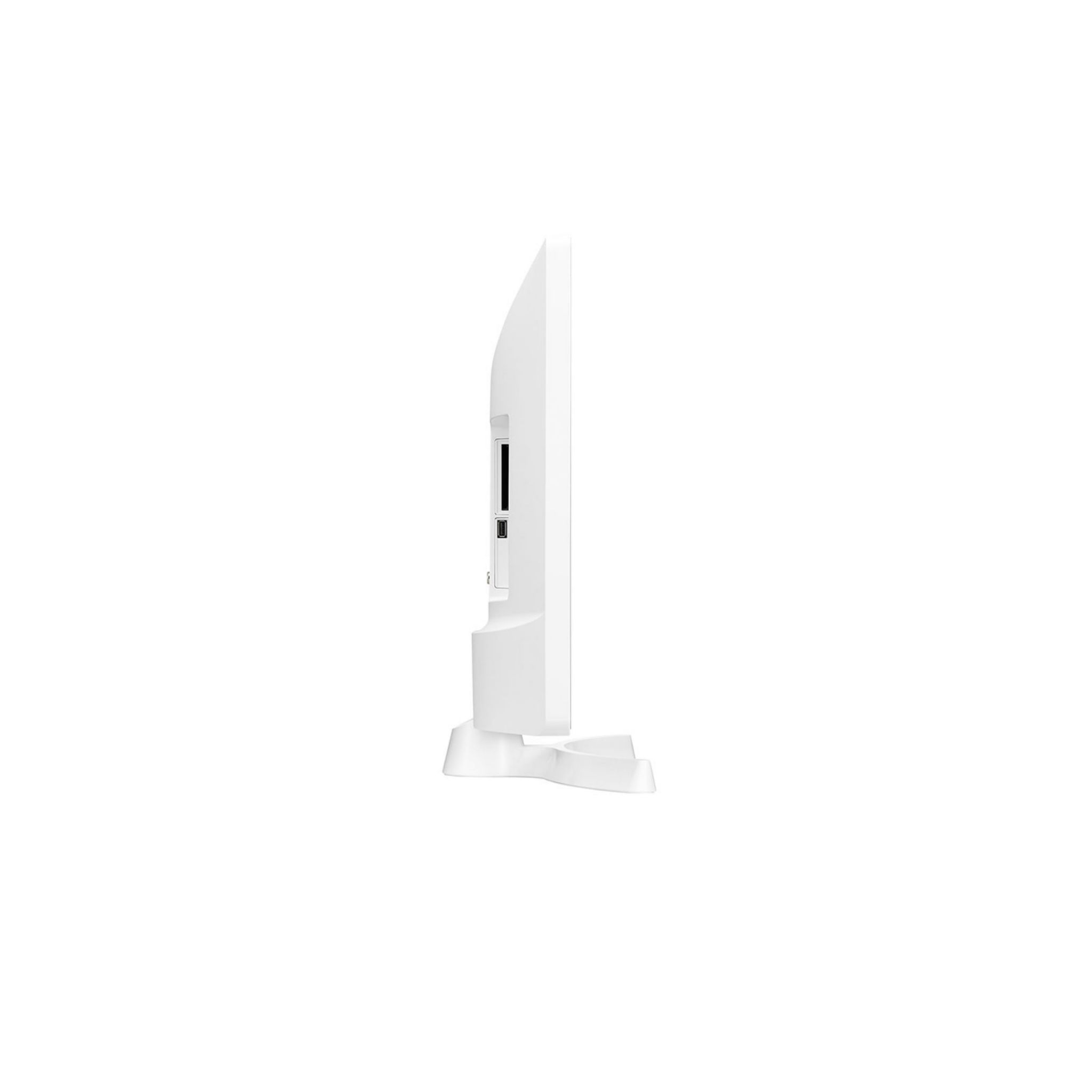 Monitor per computer bianco, vista laterale. Ha un supporto e uno schermo piatto.