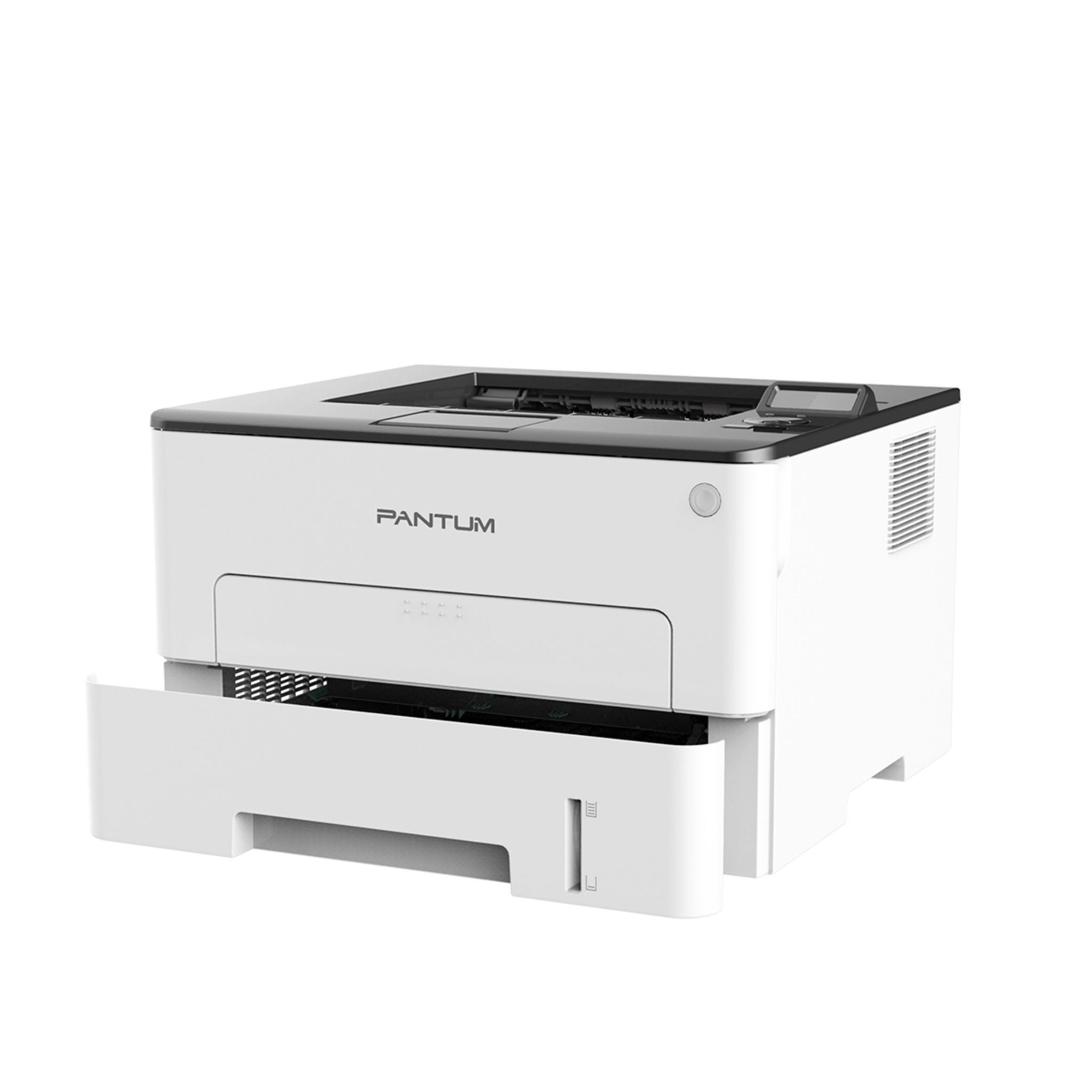 Una stampante bianca con un cassetto aperto. Ha il logo 'PANTUM' ed è su sfondo bianco.