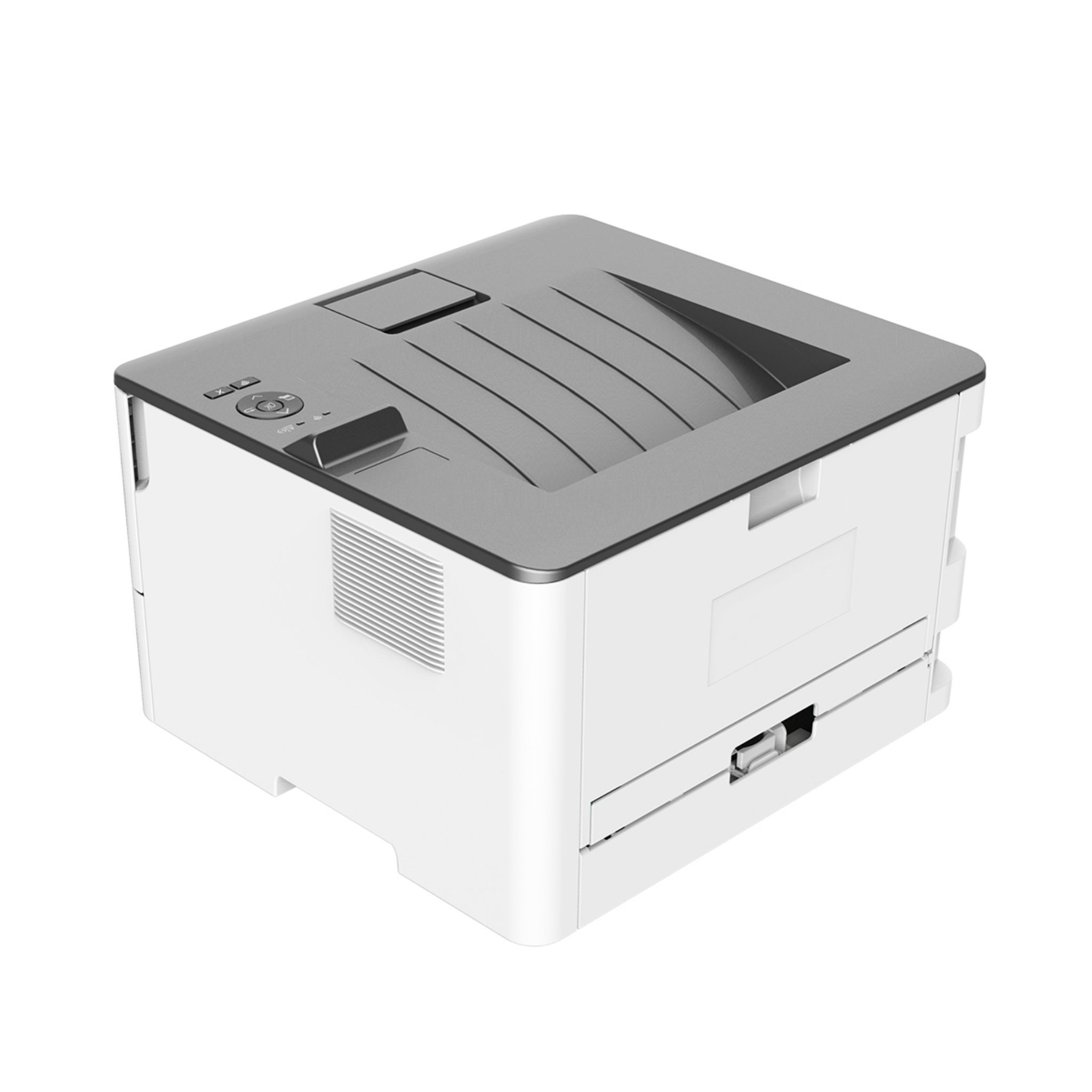 Stampante laser bianca e grigia, vista frontale, isolata su sfondo bianco, con pannello superiore.