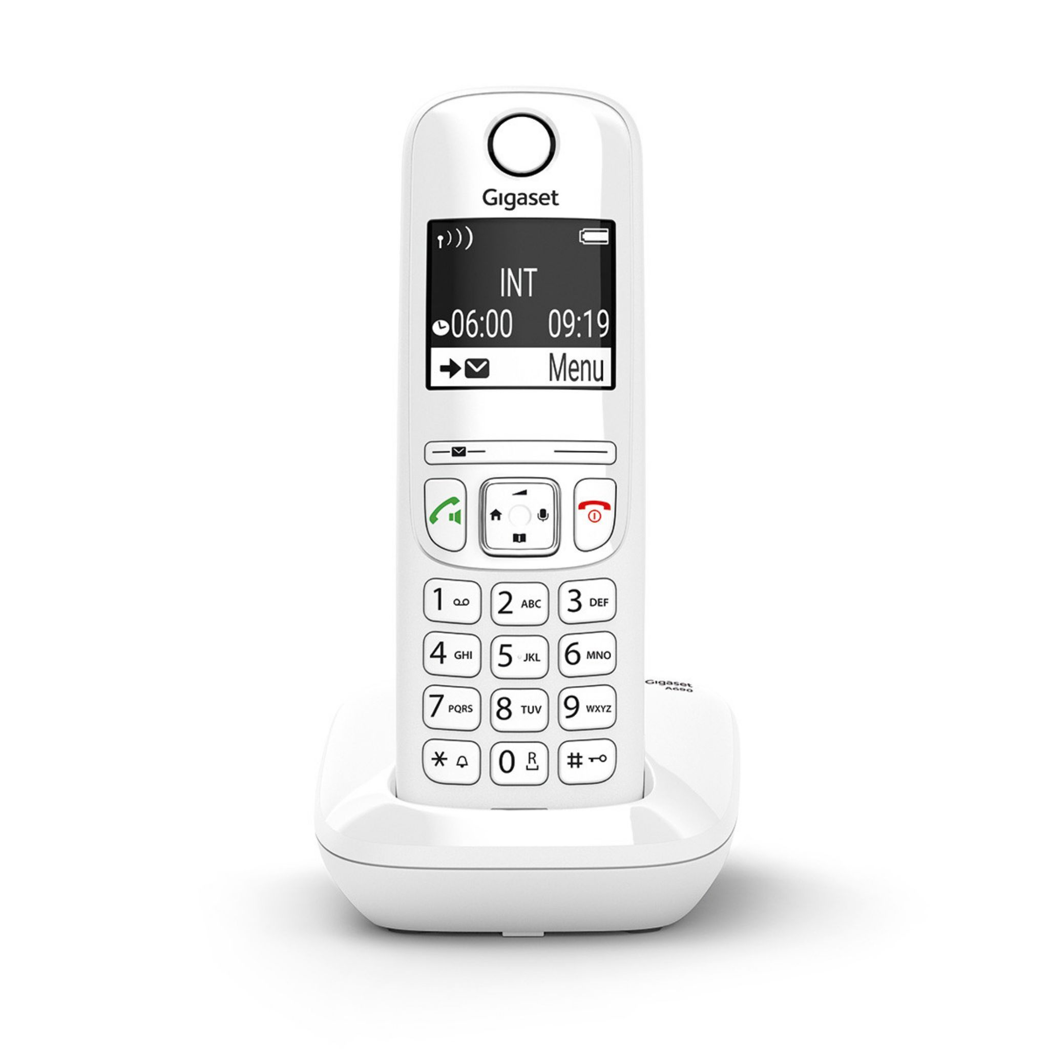 Teléfono inalámbrico Gigaset blanco sobre base blanca, mostrando detalles de tiempo y señal.