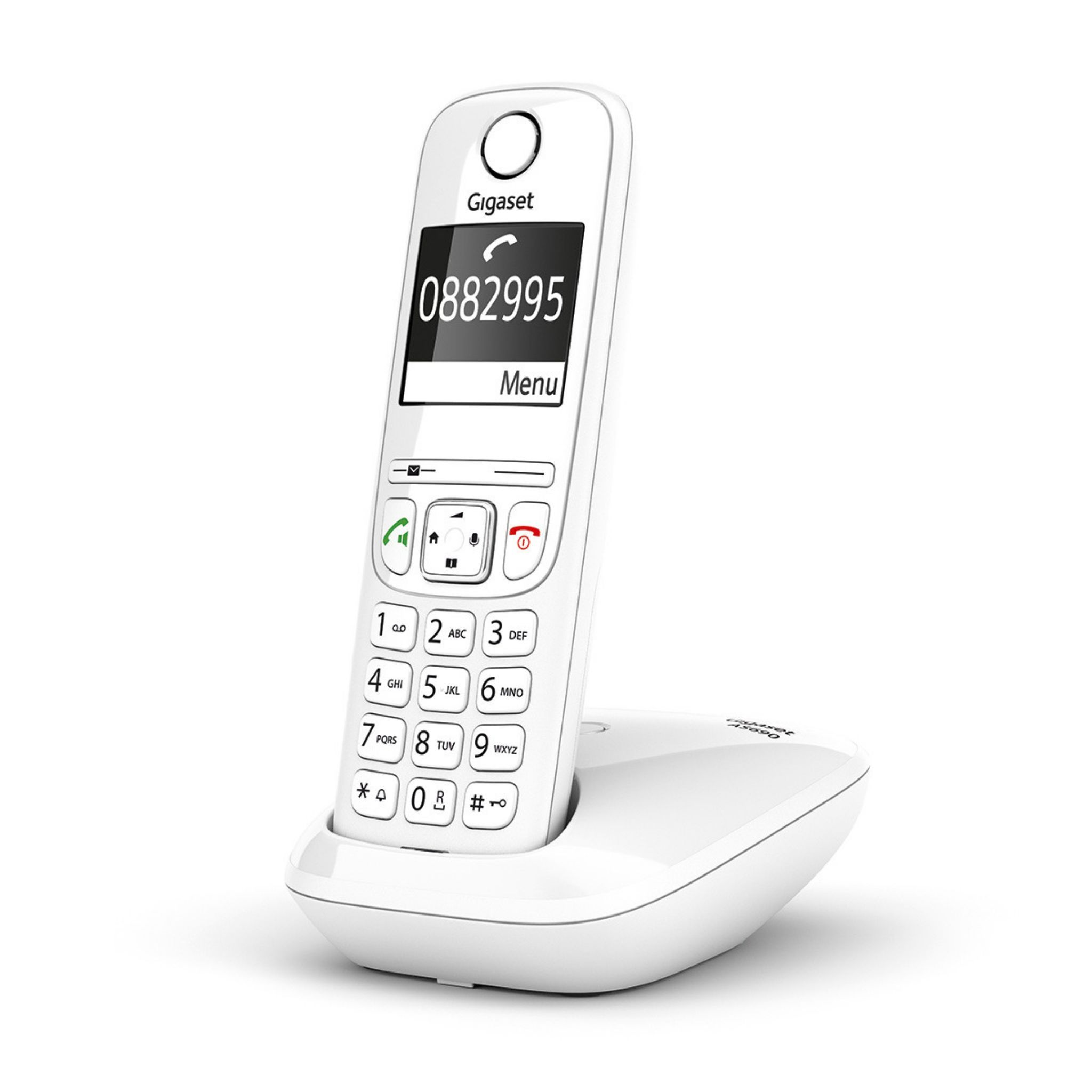 Teléfono inalámbrico Gigaset blanco con una pantalla que muestra un número de teléfono y una base.
