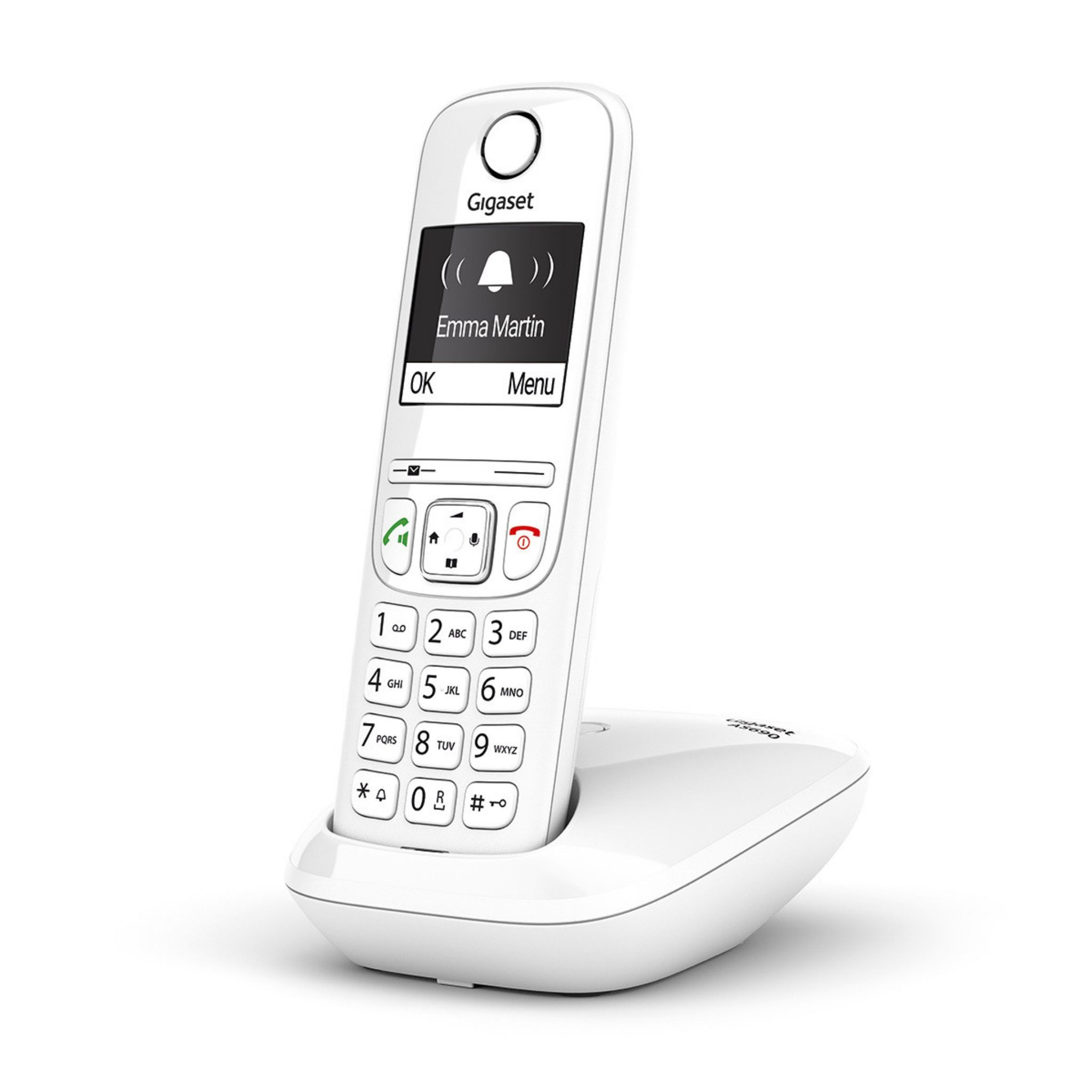 Teléfono inalámbrico Gigaset blanco con una pantalla que muestra el nombre de Emma Martin y una base de carga blanca.