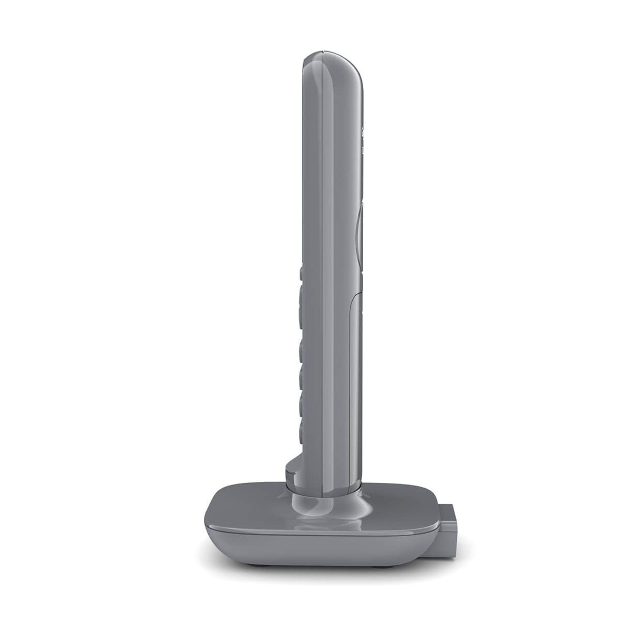 Teléfono inalámbrico gris de lado. Está en una base de carga gris.