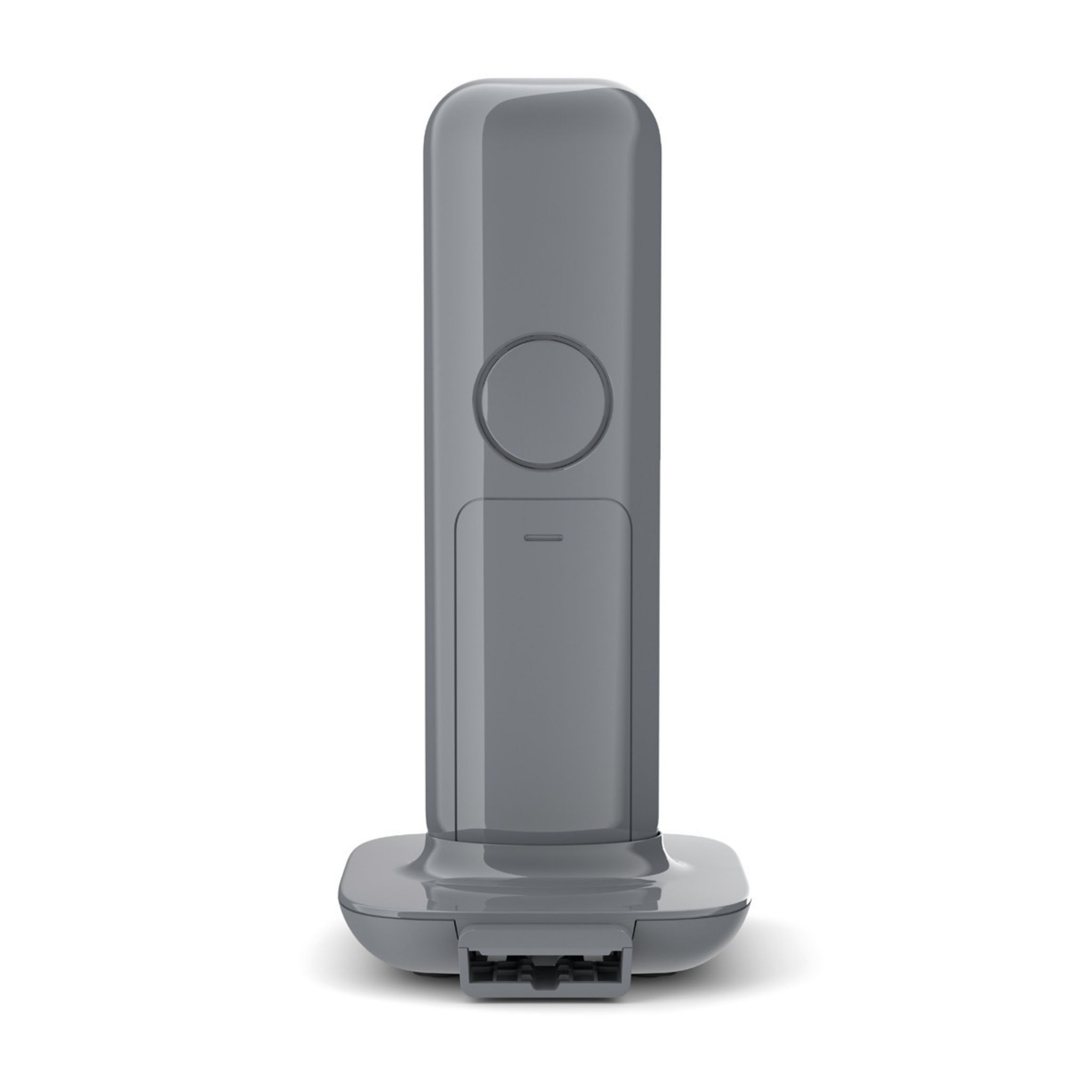 Teléfono inalámbrico gris con base gris oscuro. La parte trasera del teléfono es visible.