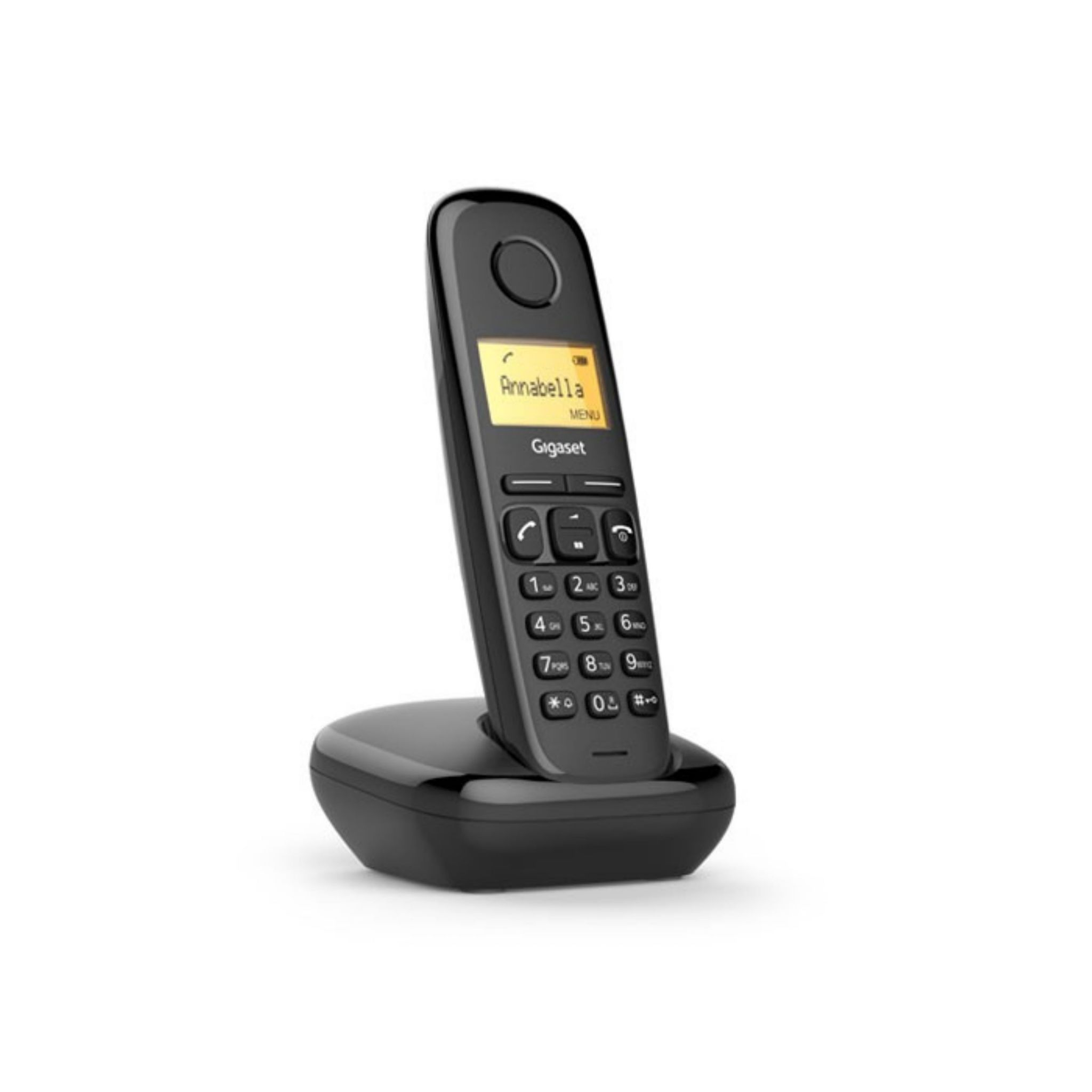 Teléfono inalámbrico negro con base. El teléfono tiene una pantalla que muestra 'Annabella'. Fondo blanco.