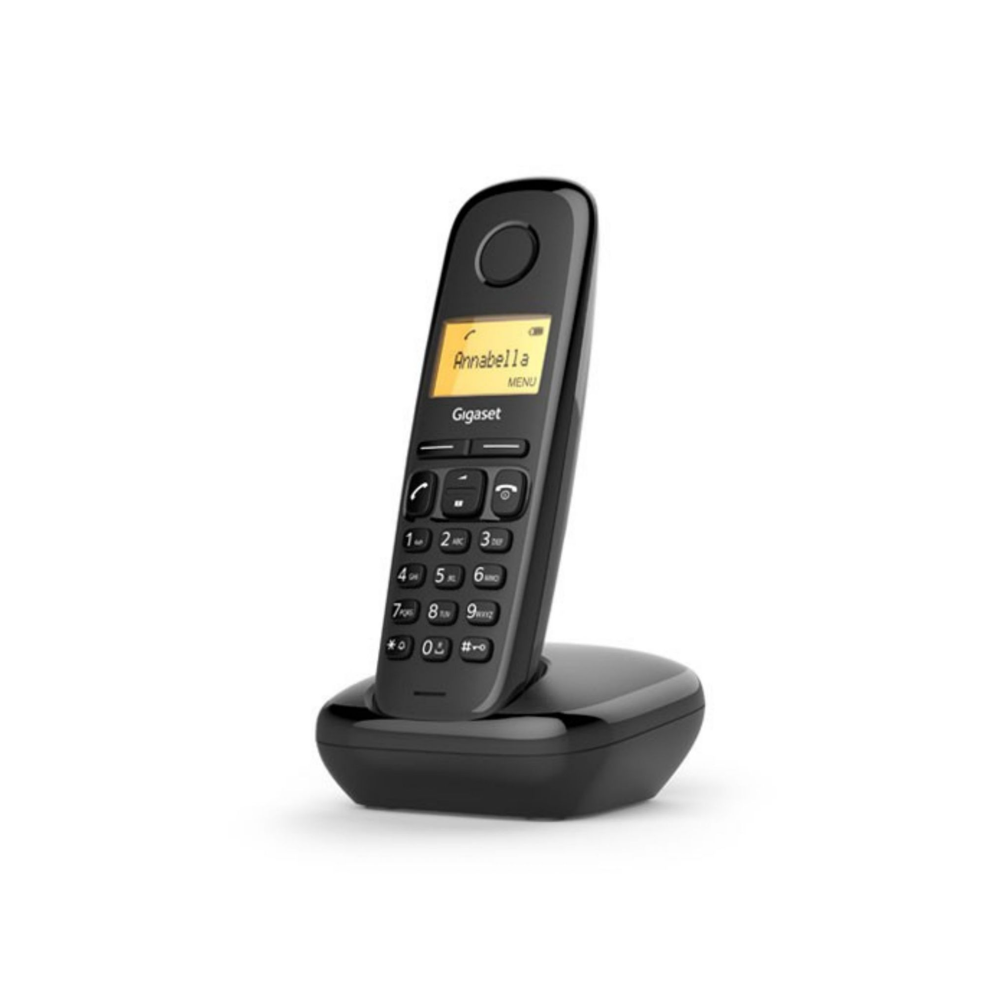 Un teléfono inalámbrico negro sobre una base. La pantalla dice 'Annabella' y 'Gigaset'.