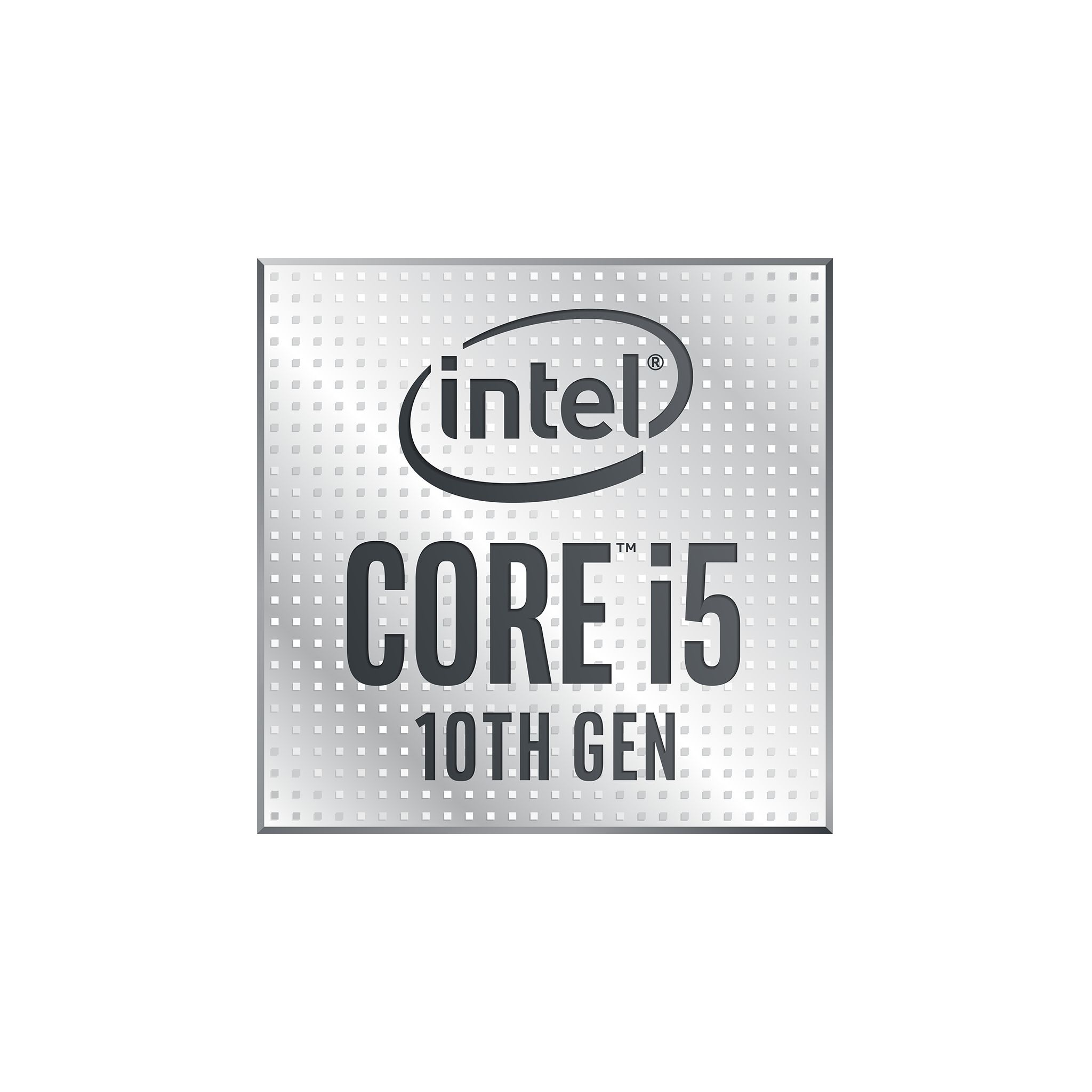 Logo Intel Core i5 10. generacji na srebrnym kwadratowym tle.