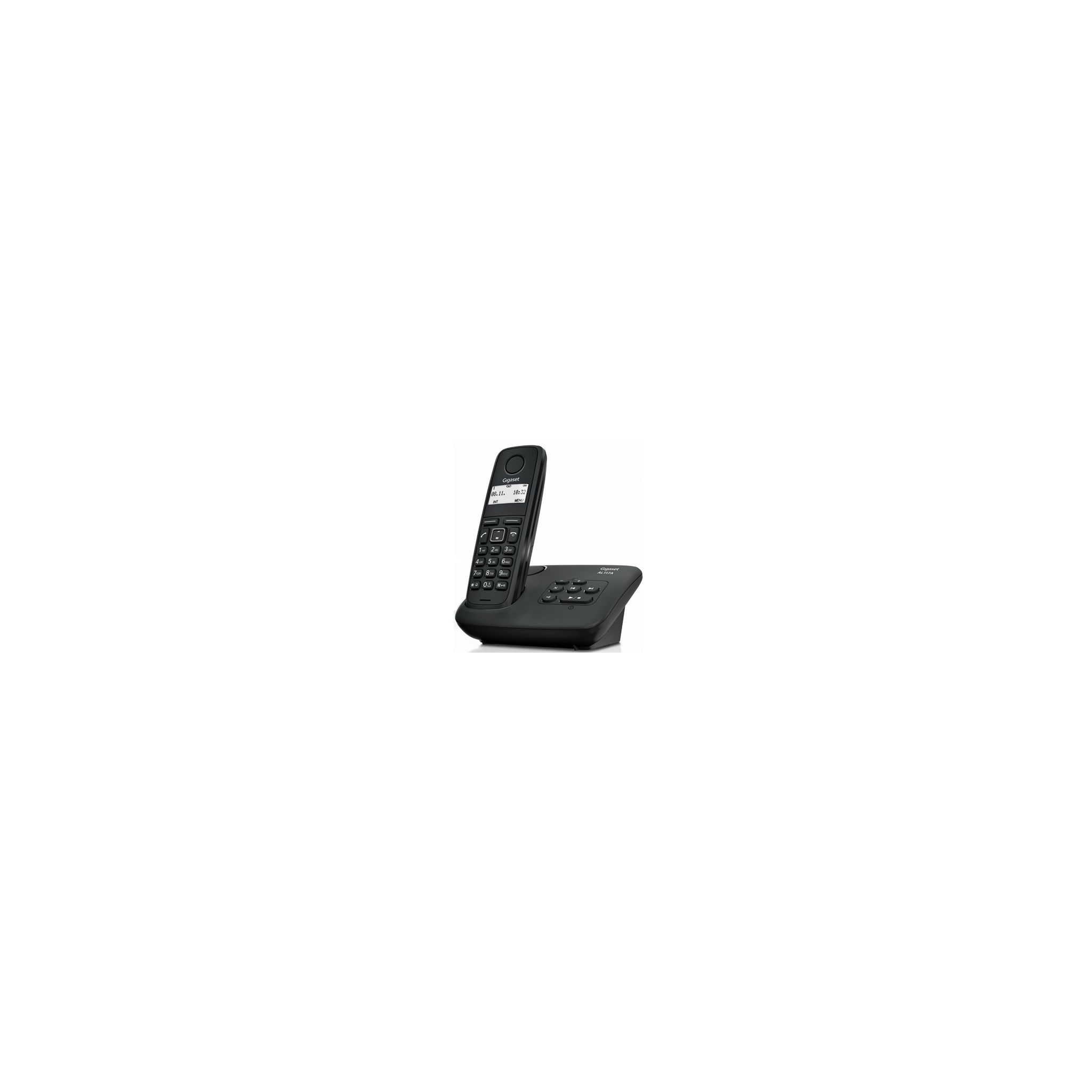 Base y auricular de teléfono inalámbrico negro, aislado en blanco.