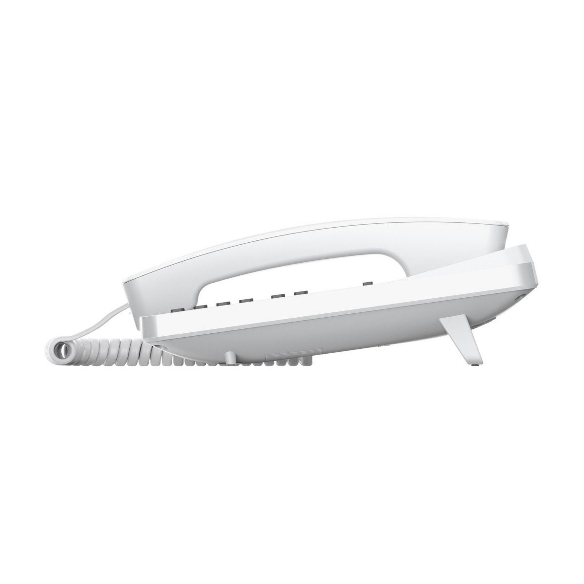 Telefono fisso bianco. Base, cornetta e cavo a spirale.