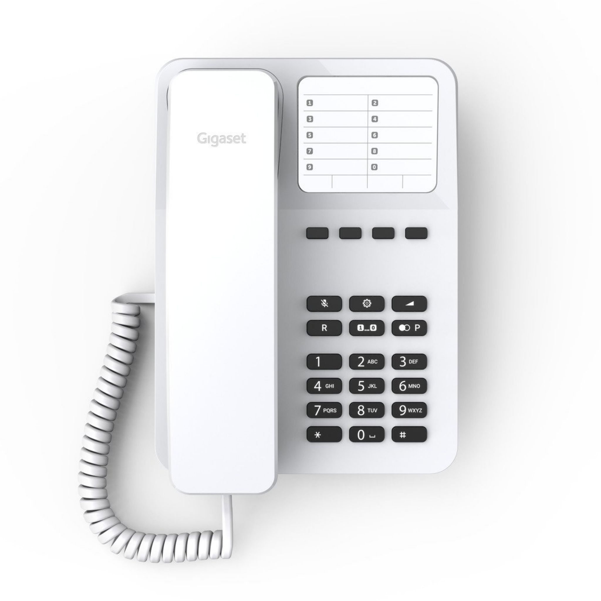 Telefono fisso bianco con tastierino e cornetta. Sfondo bianco.