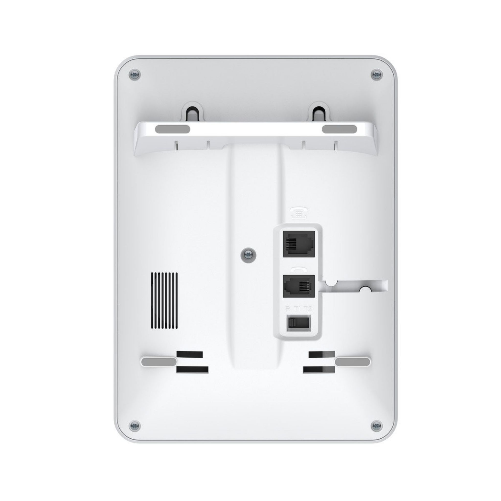 Retro bianco di un dispositivo, con due porte RJ45 e due porte telefoniche.