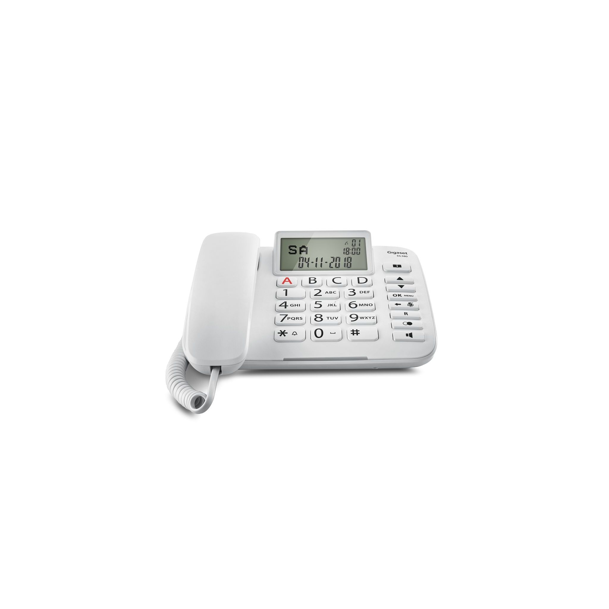 Telefono fisso bianco con display digitale, su una superficie bianca.