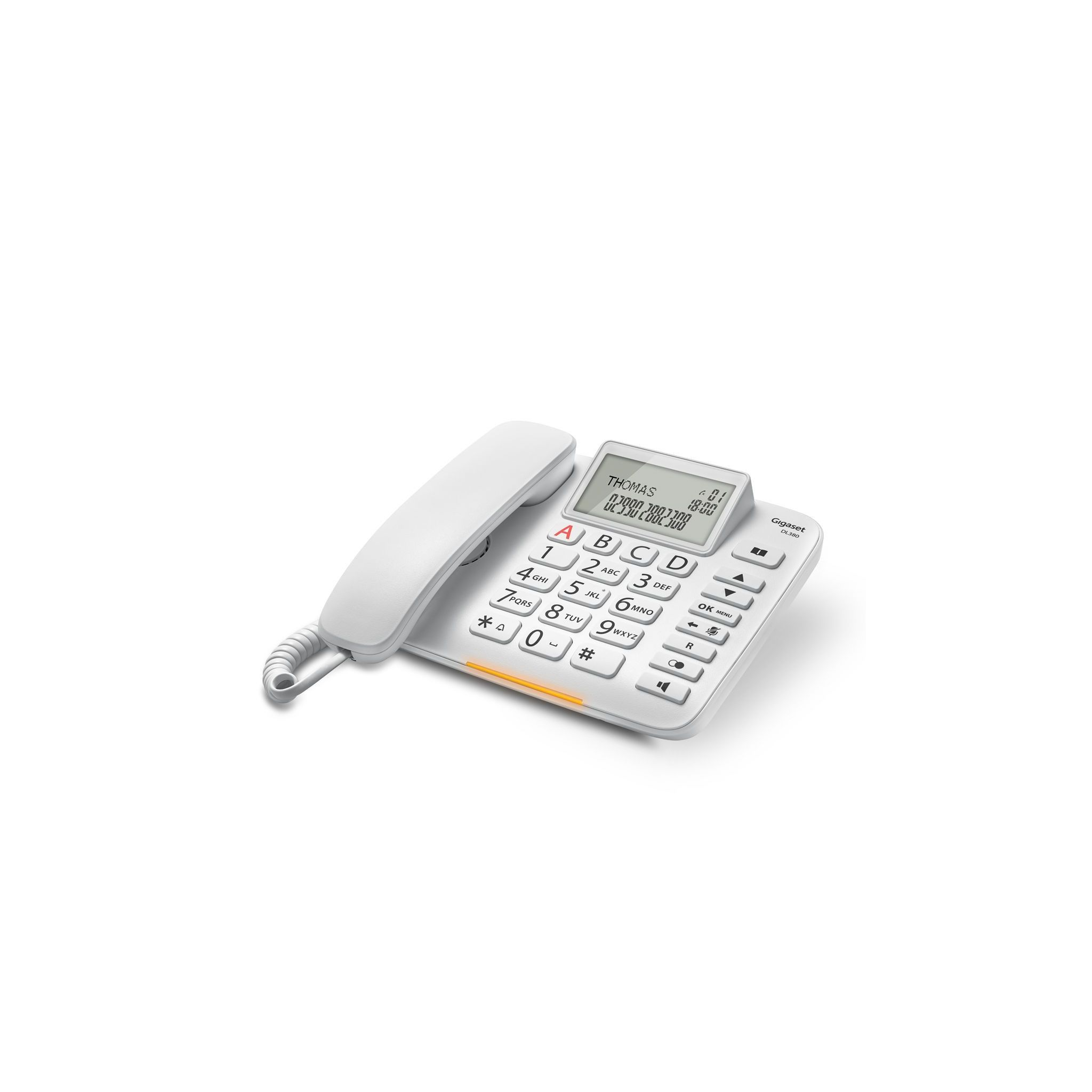 Telefono cordless Gigaset bianco con piccolo display e tasti numerici.