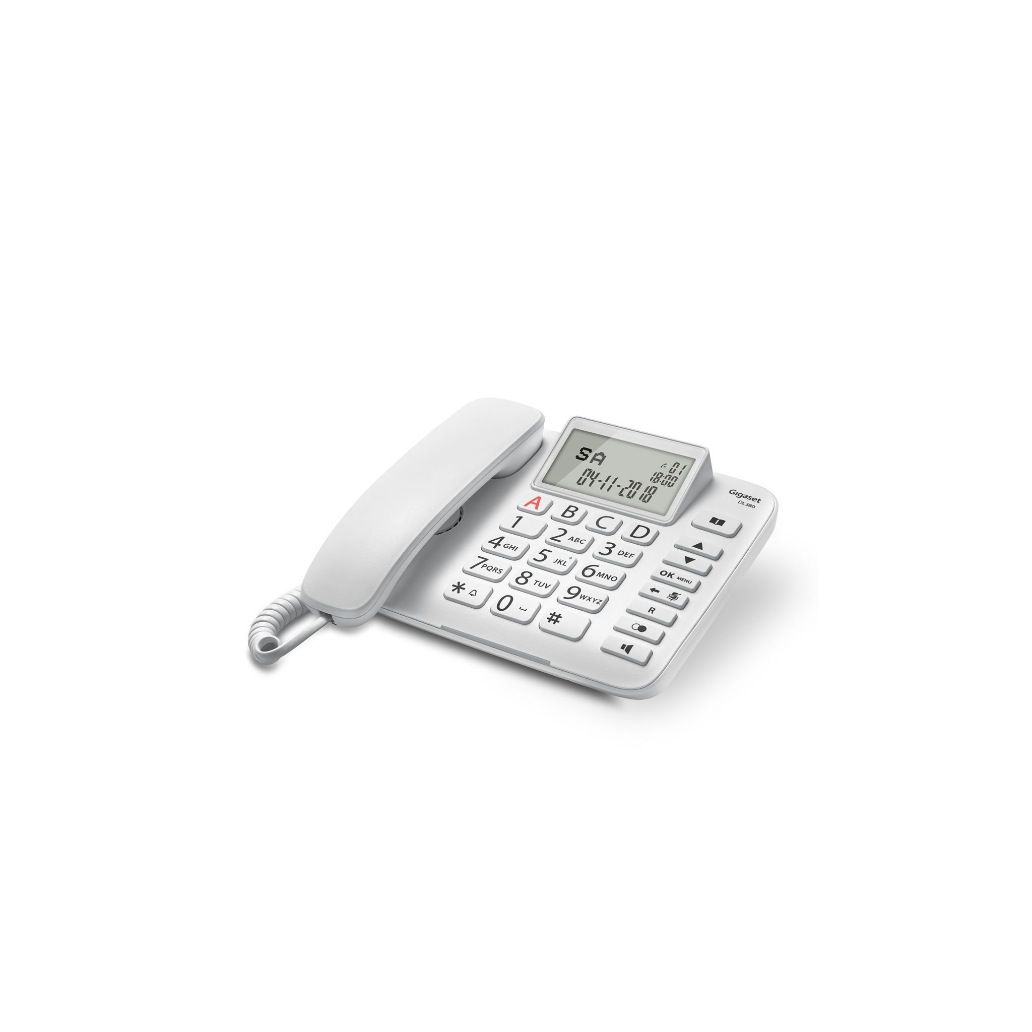Telefono cordless bianco con display digitale che mostra data e ora. Pulsanti e base visibili.