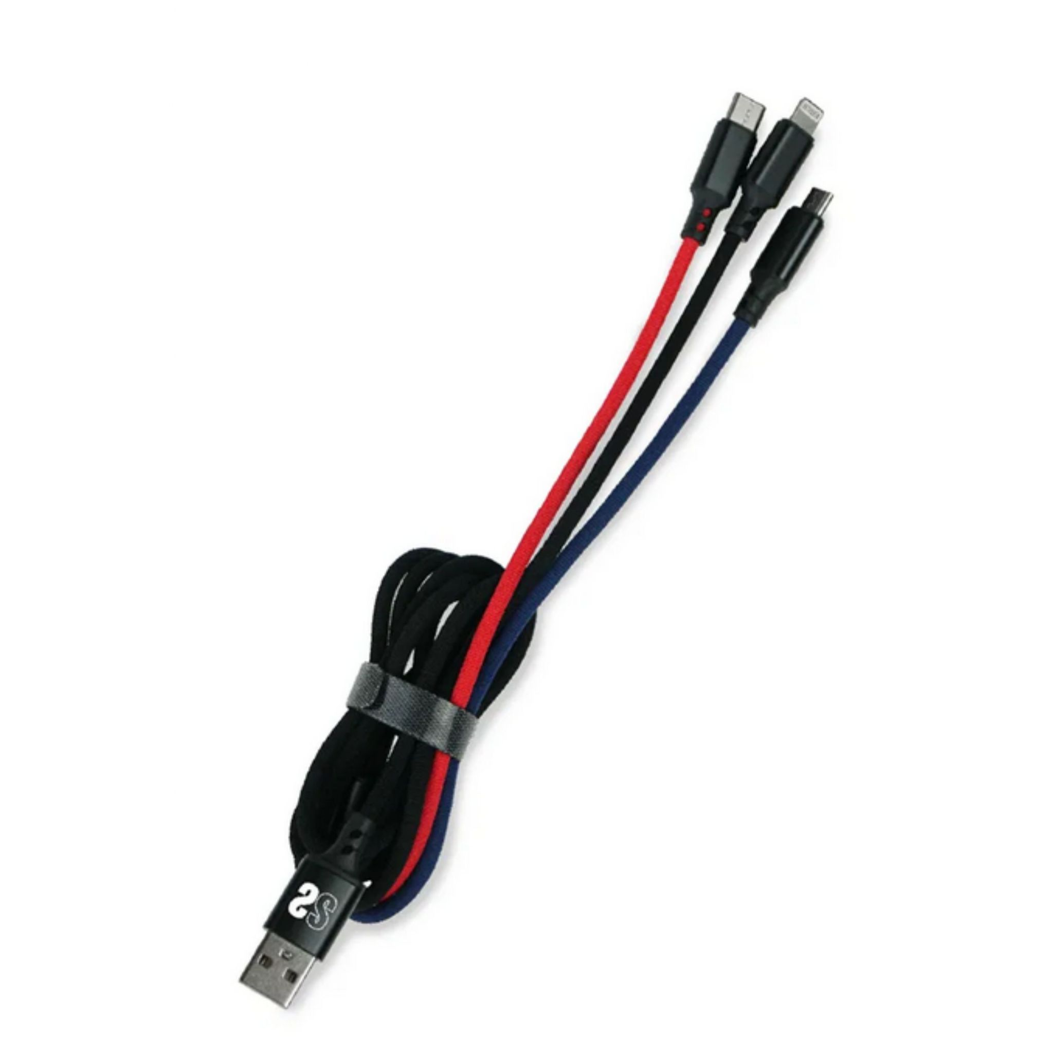 Cable de carga USB negro con tres conectores. Cables rojo, negro y azul visibles.