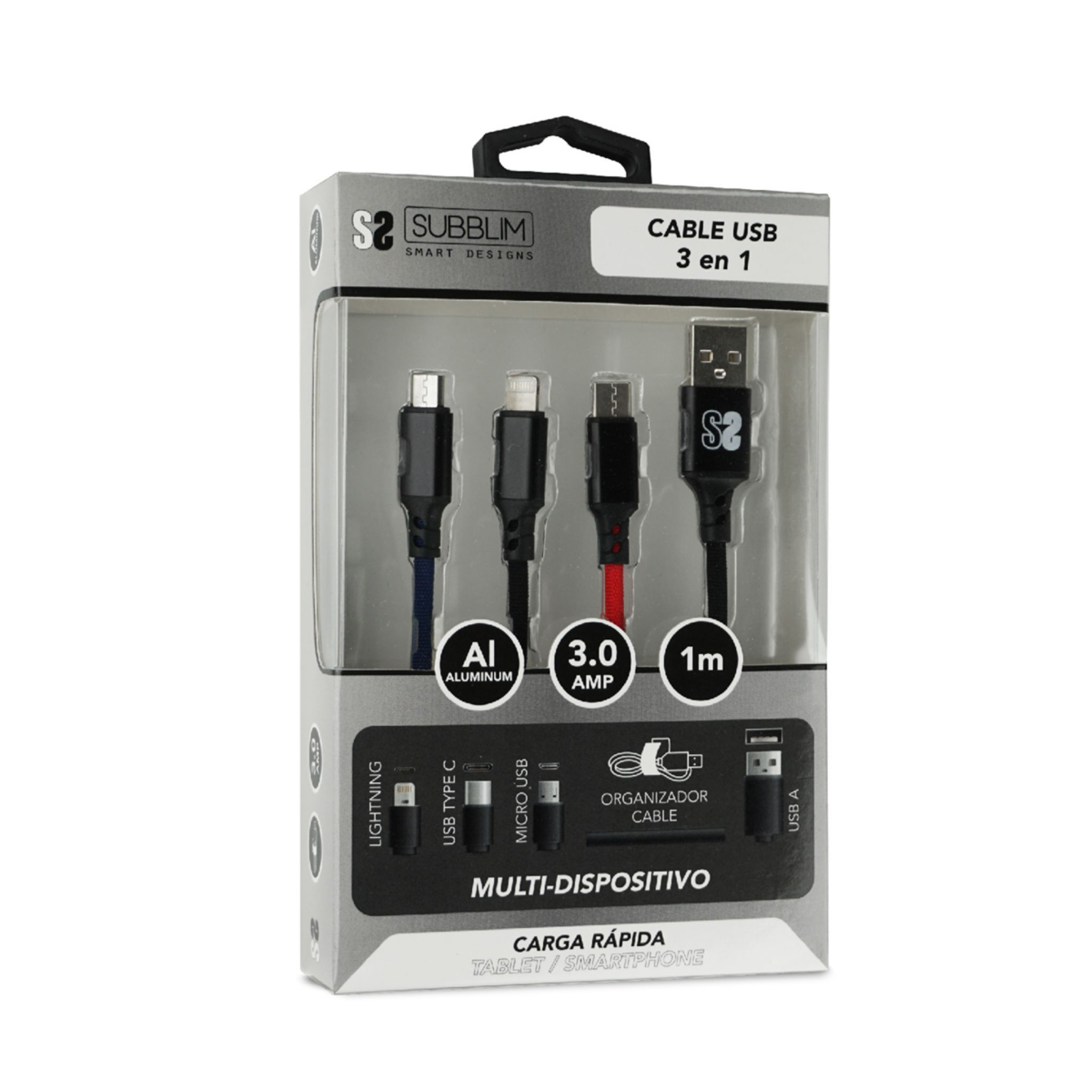 Un conjunto de cables USB en una caja. La caja muestra los cables, con etiquetas, sobre un fondo blanco.