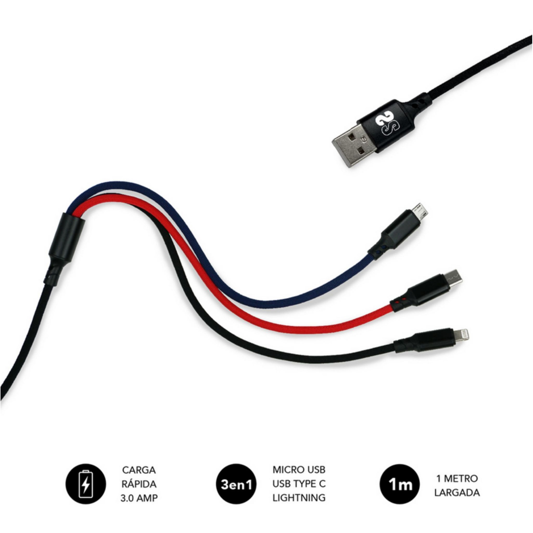 Un cable de carga 3 en 1 con tres conectores diferentes: Micro USB, USB Tipo C y Lightning.