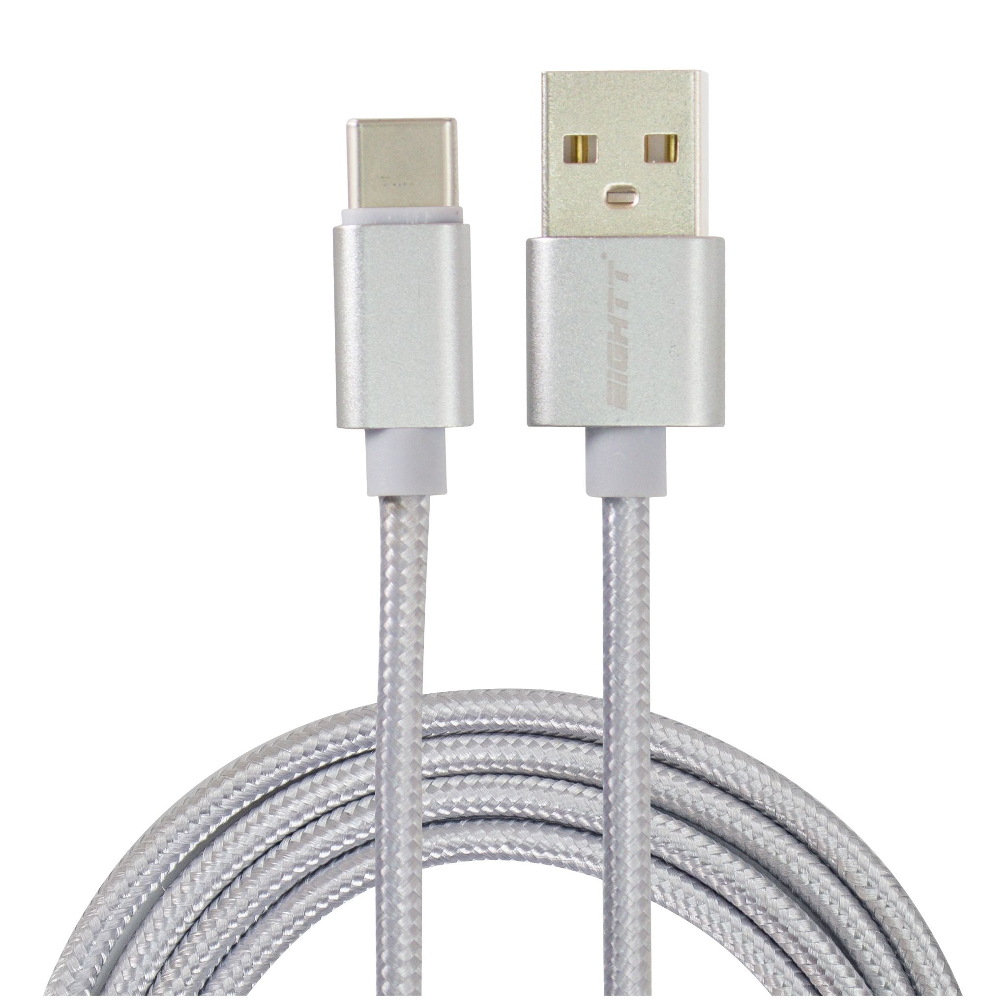 Cavo da USB-C a USB-A argentato su sfondo bianco.