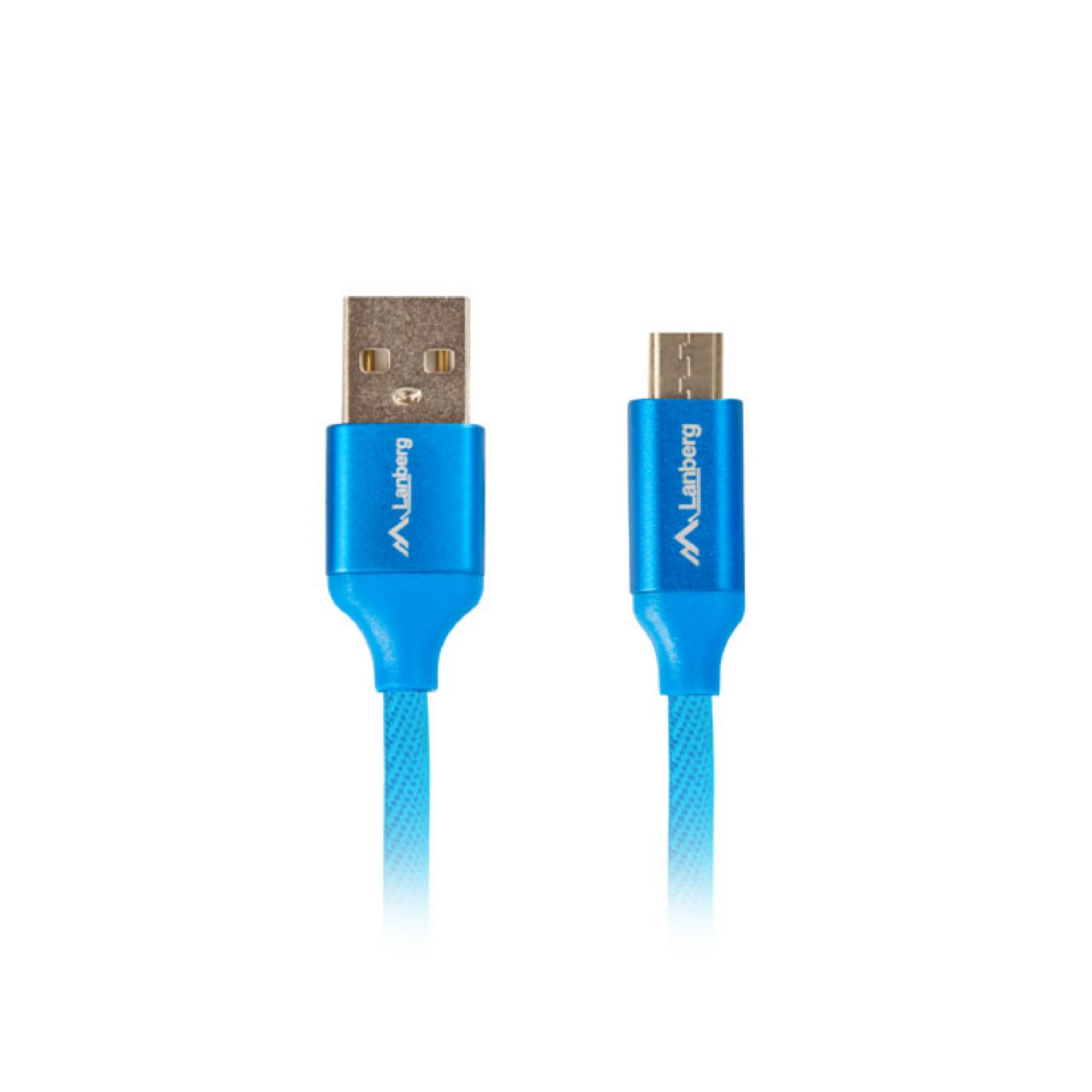 Dwa niebieskie kable USB z logo Lanberg na złączach, jeden USB-A, jeden micro-USB.
