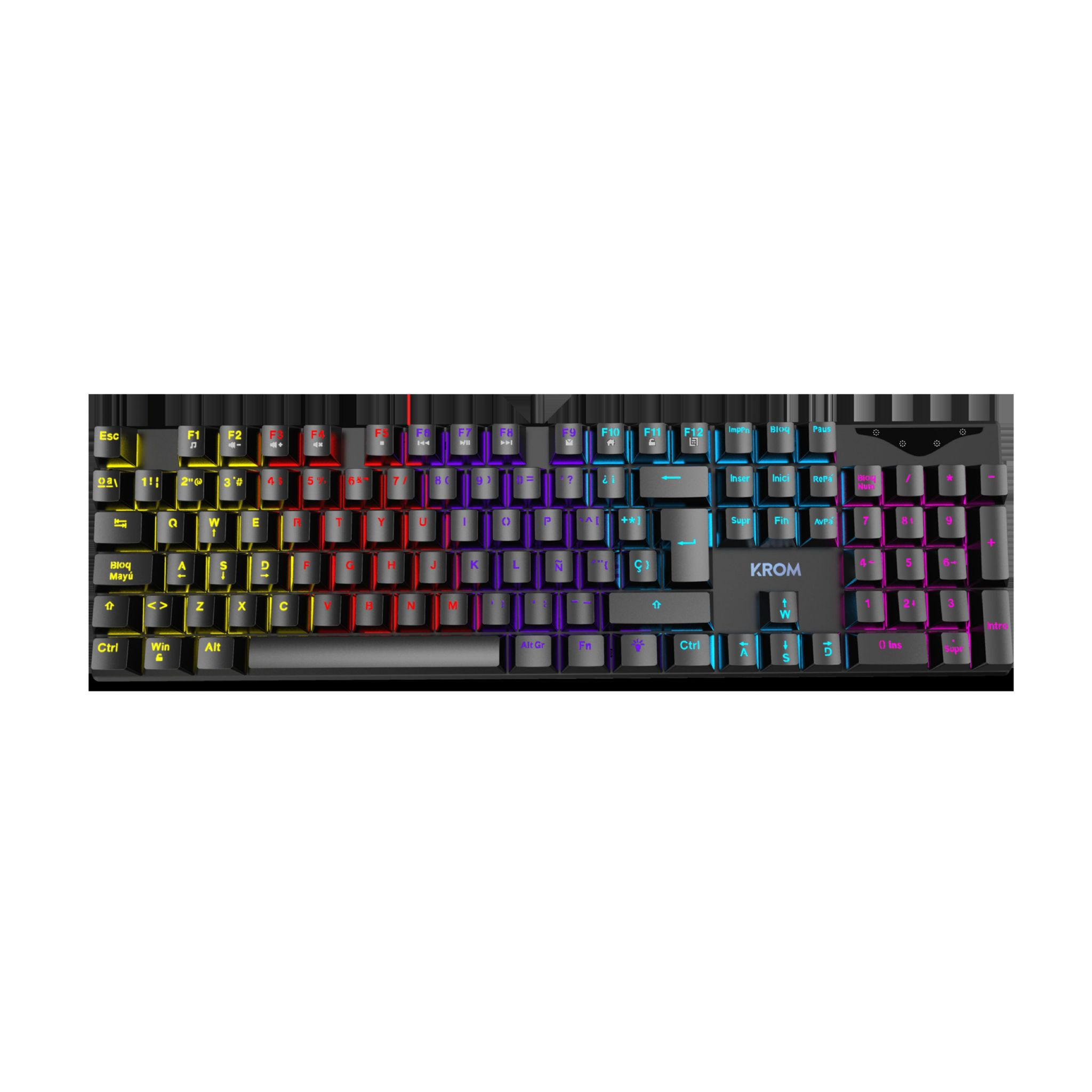 Czarna klawiatura z podświetleniem RGB. Widoczne klawisze w różnych kolorach.