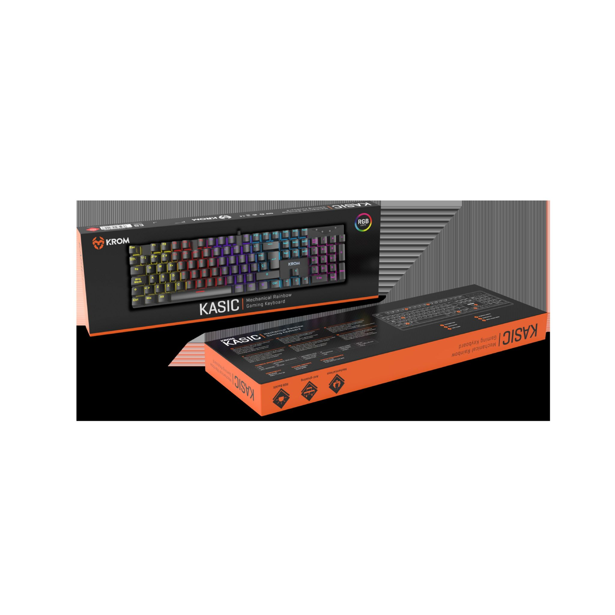 Klawiatura mechaniczna KASIC w pudełku, czarno-pomarańczowy design, czarne tło.