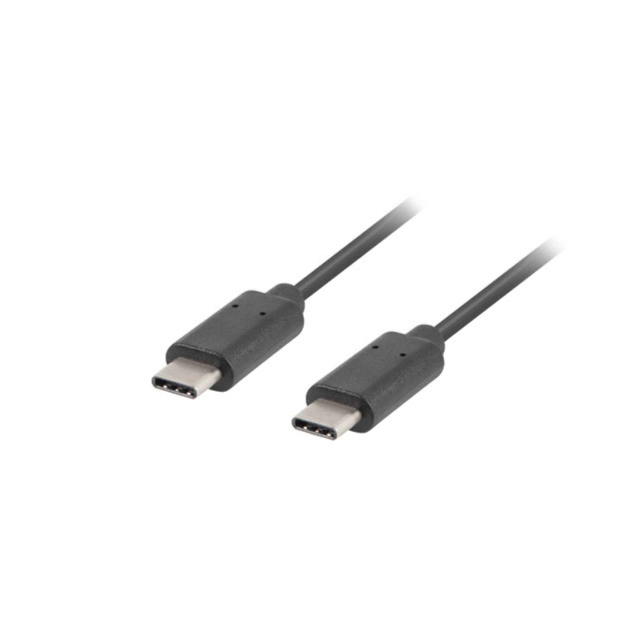 Due cavi USB-C neri su sfondo bianco. I connettori sono visibili, inclinati verso la fotocamera.