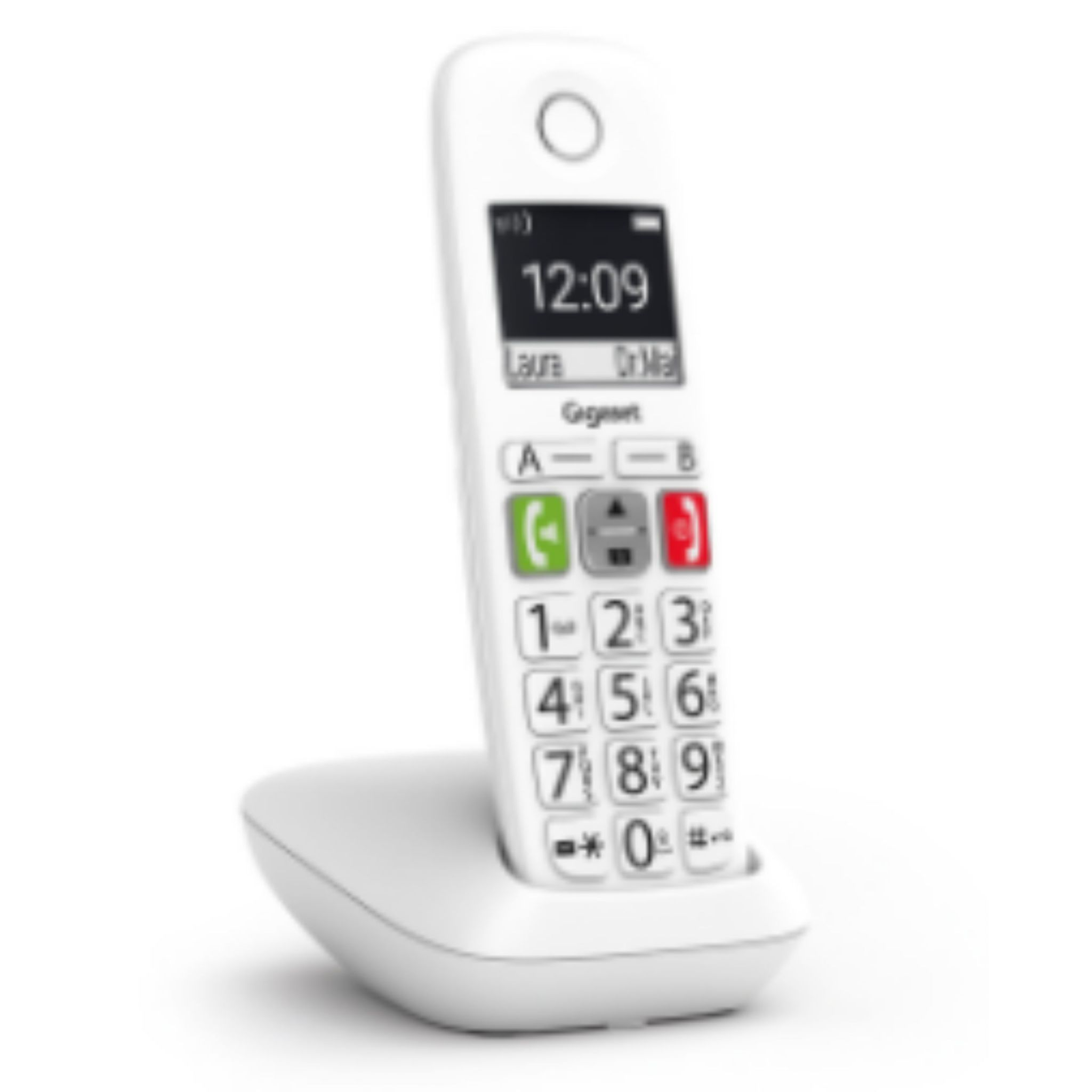 Teléfono inalámbrico blanco con pantalla que muestra la hora y una base.