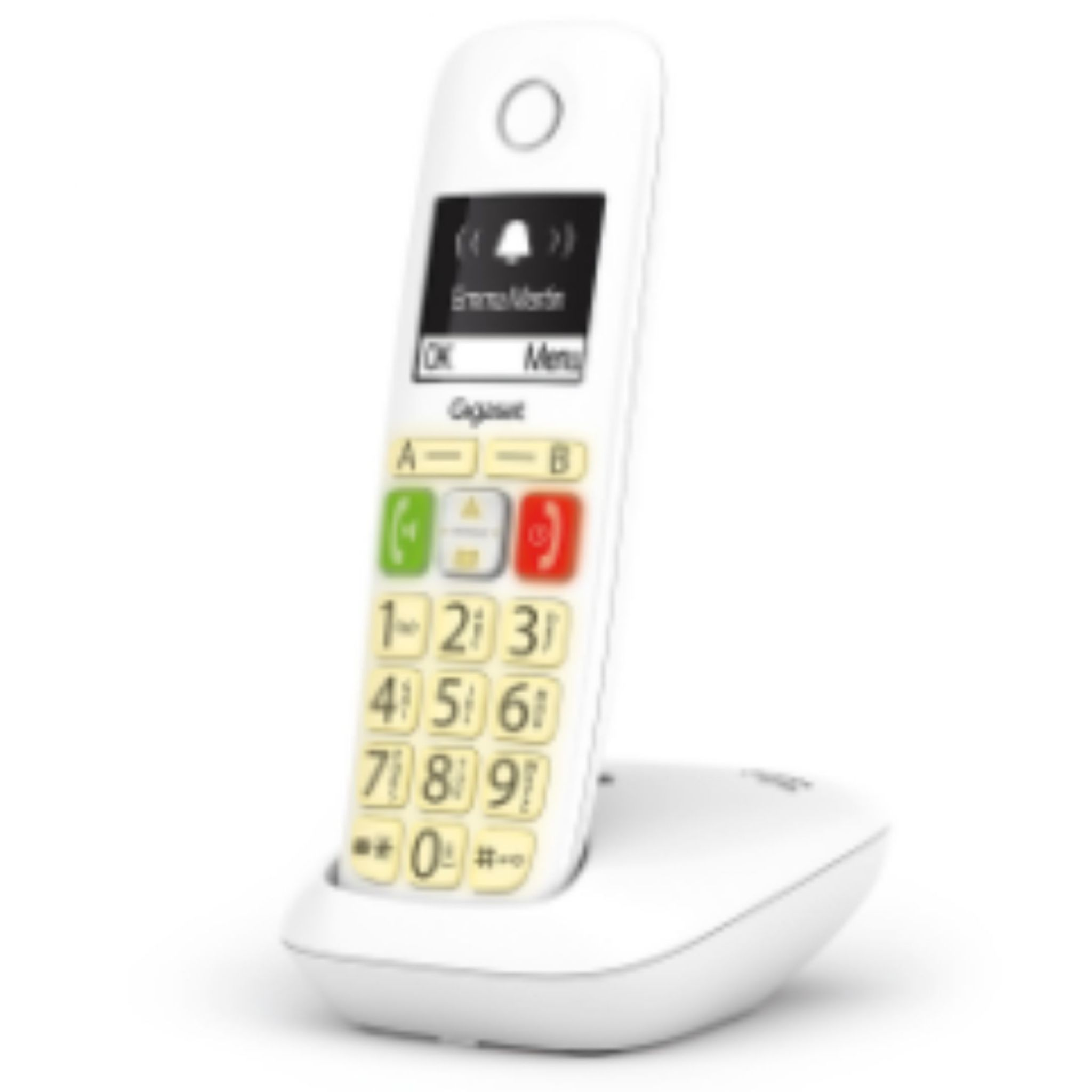 Teléfono Gigaset blanco sobre una base blanca. La pantalla muestra información. Fondo blanco.