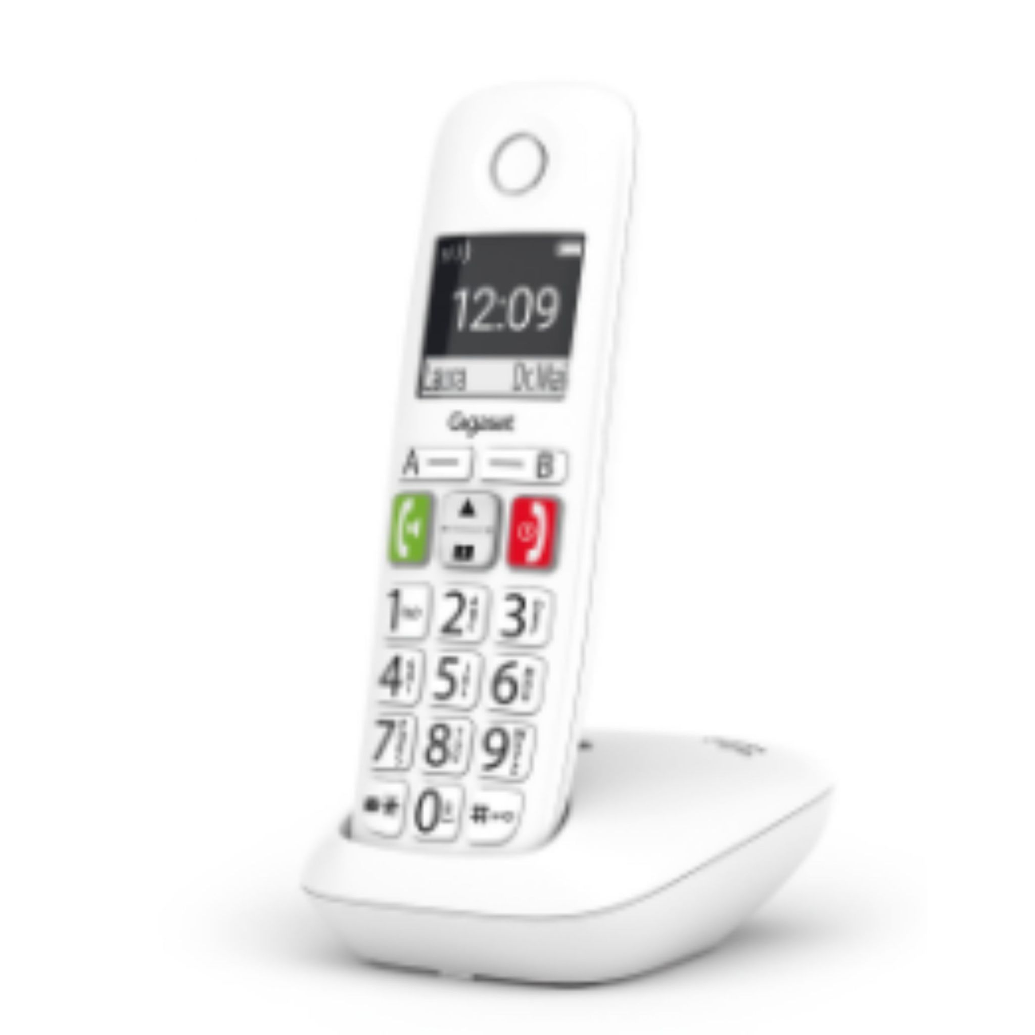 Teléfono inalámbrico blanco con pantalla, base y botones numéricos.