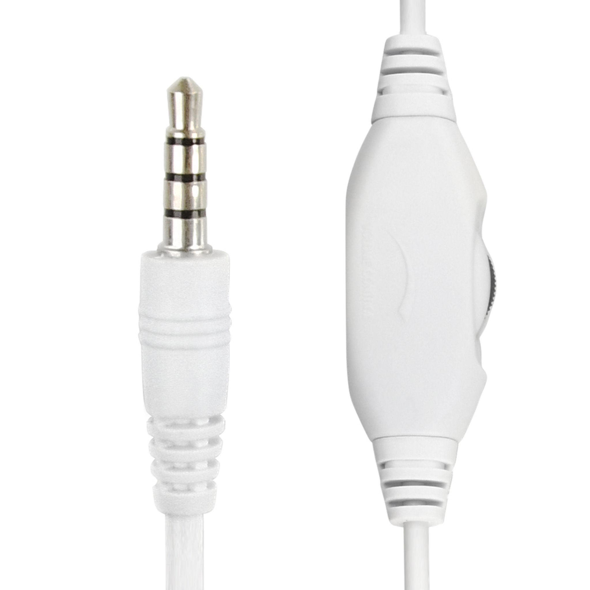 Biały kabel do słuchawek z wtyczką i regulacją głośności.