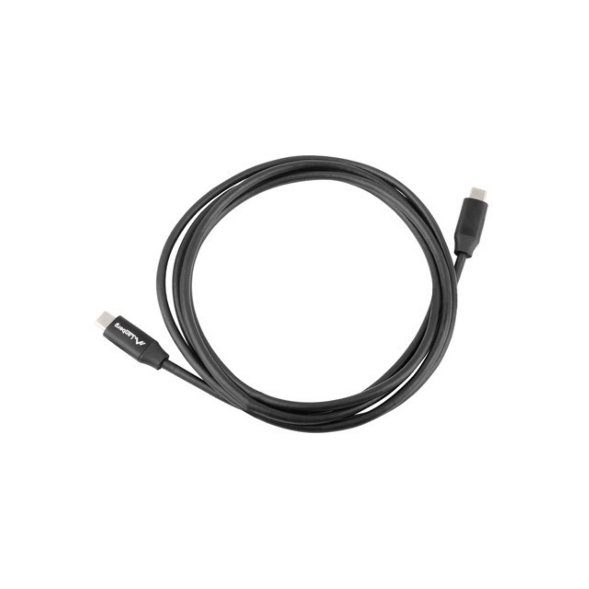 Coiled black USB-C cable against a white background. Connectors are at each end.
