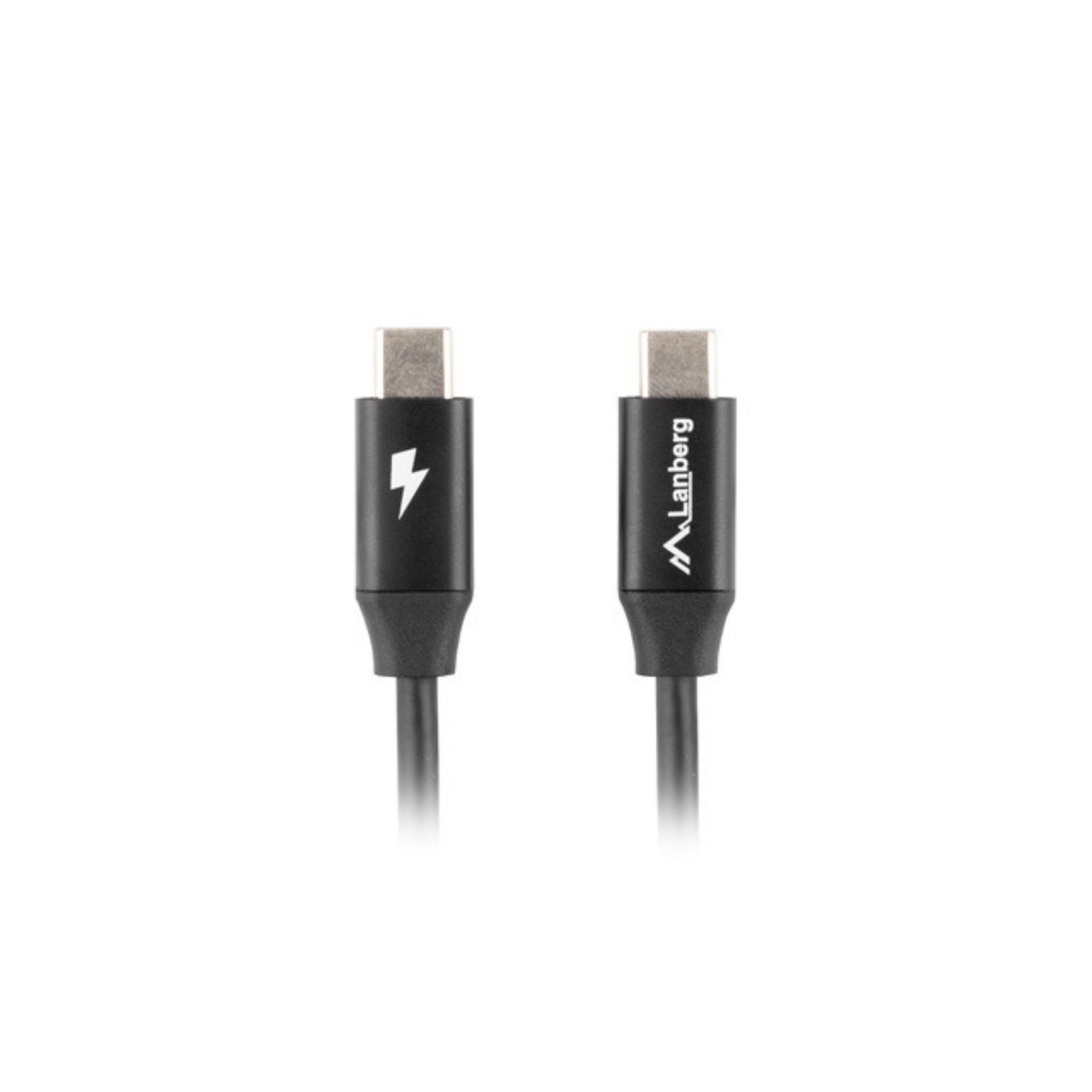 Twee zwarte USB-C-kabels, een met een bliksemschicht en de andere met 'M.Lanberg' tekst.