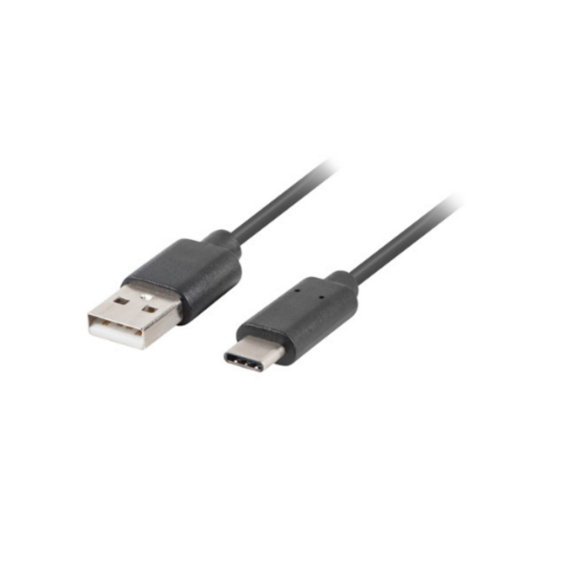 Cavo USB-A a USB-C nero. Il cavo è su sfondo bianco.