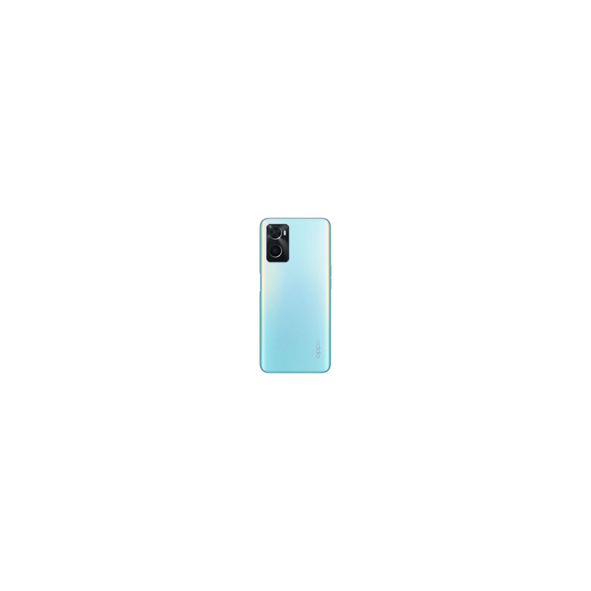 Telefono Oppo blu chiaro, vista posteriore, su sfondo bianco.