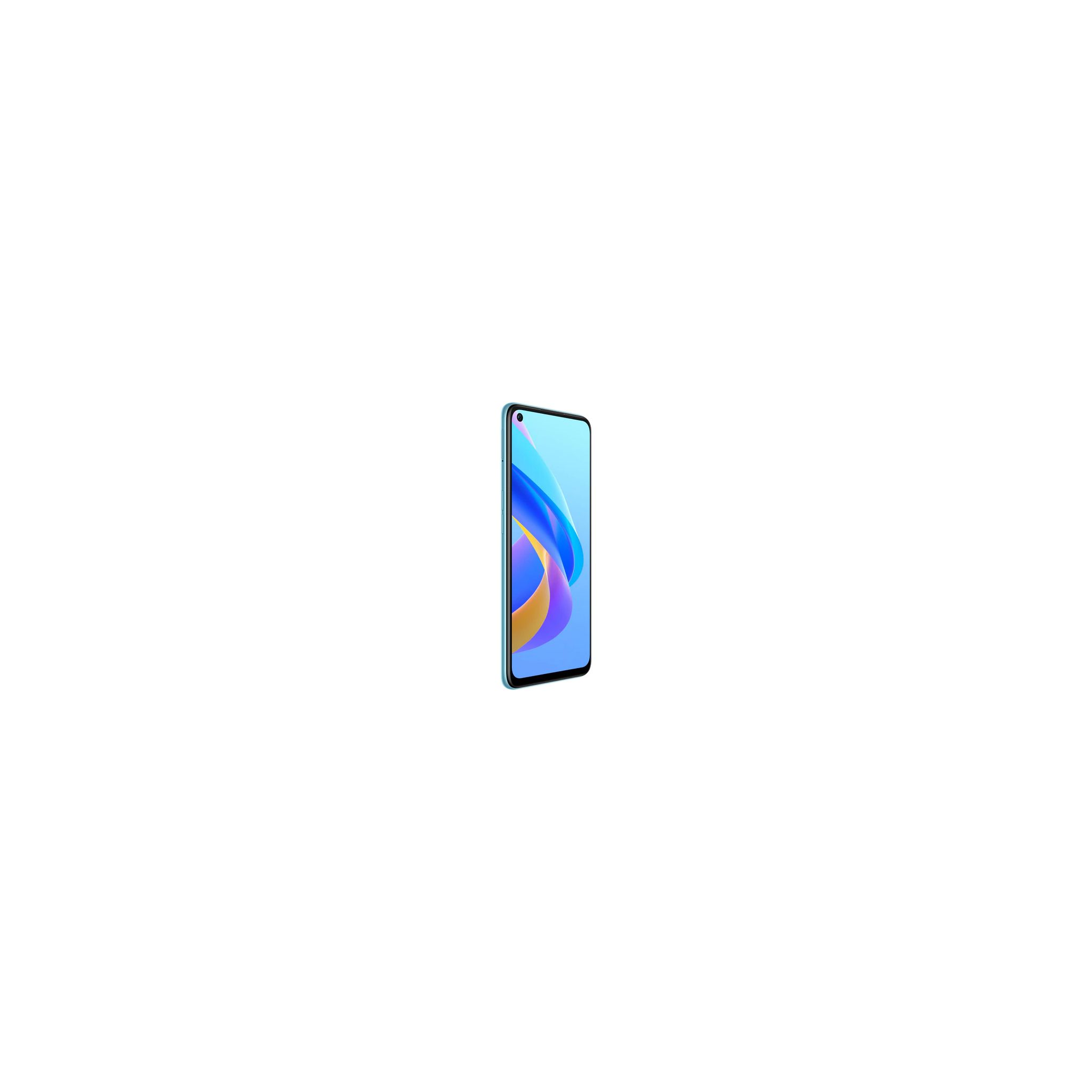 Un smartphone turquesa sobre un fondo blanco. La pantalla está encendida.