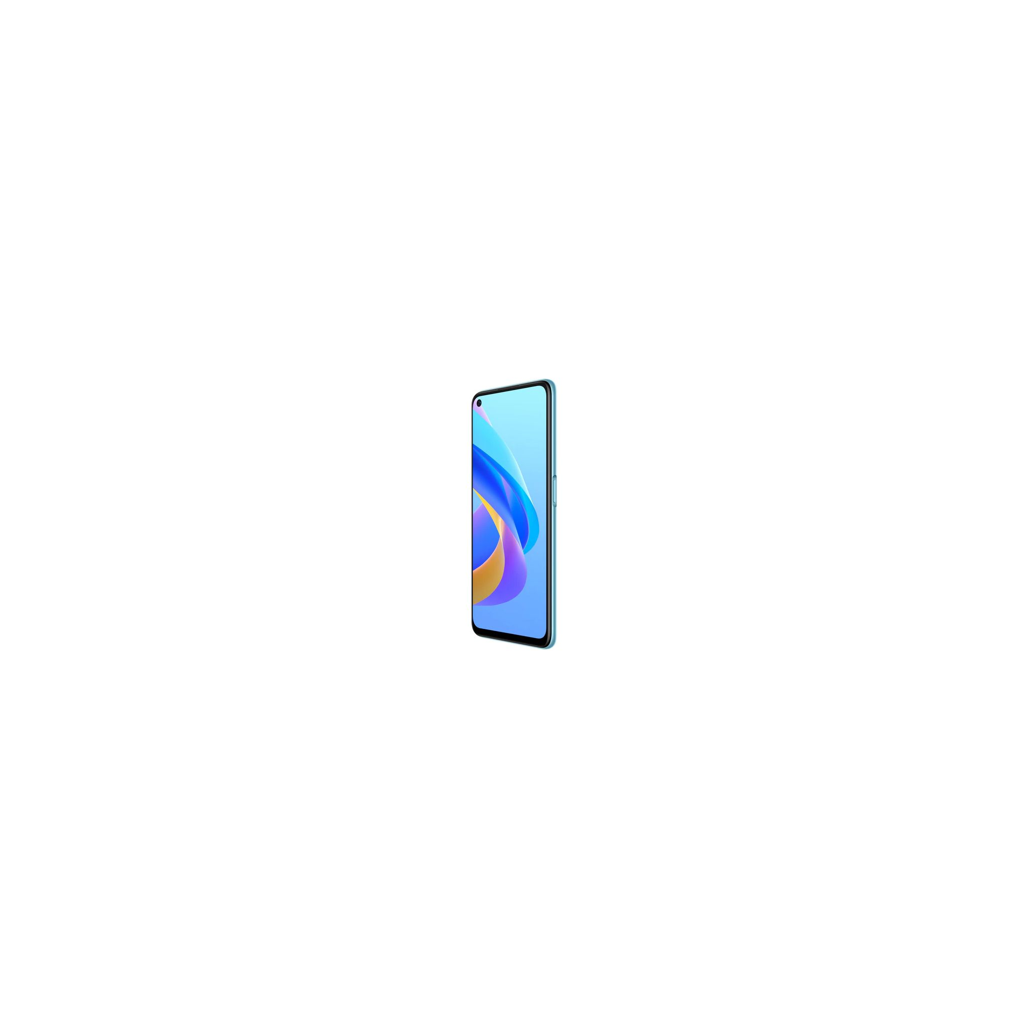 Smartphone en color turquesa, ligeramente inclinado a la izquierda, mostrando la pantalla, fondo blanco.