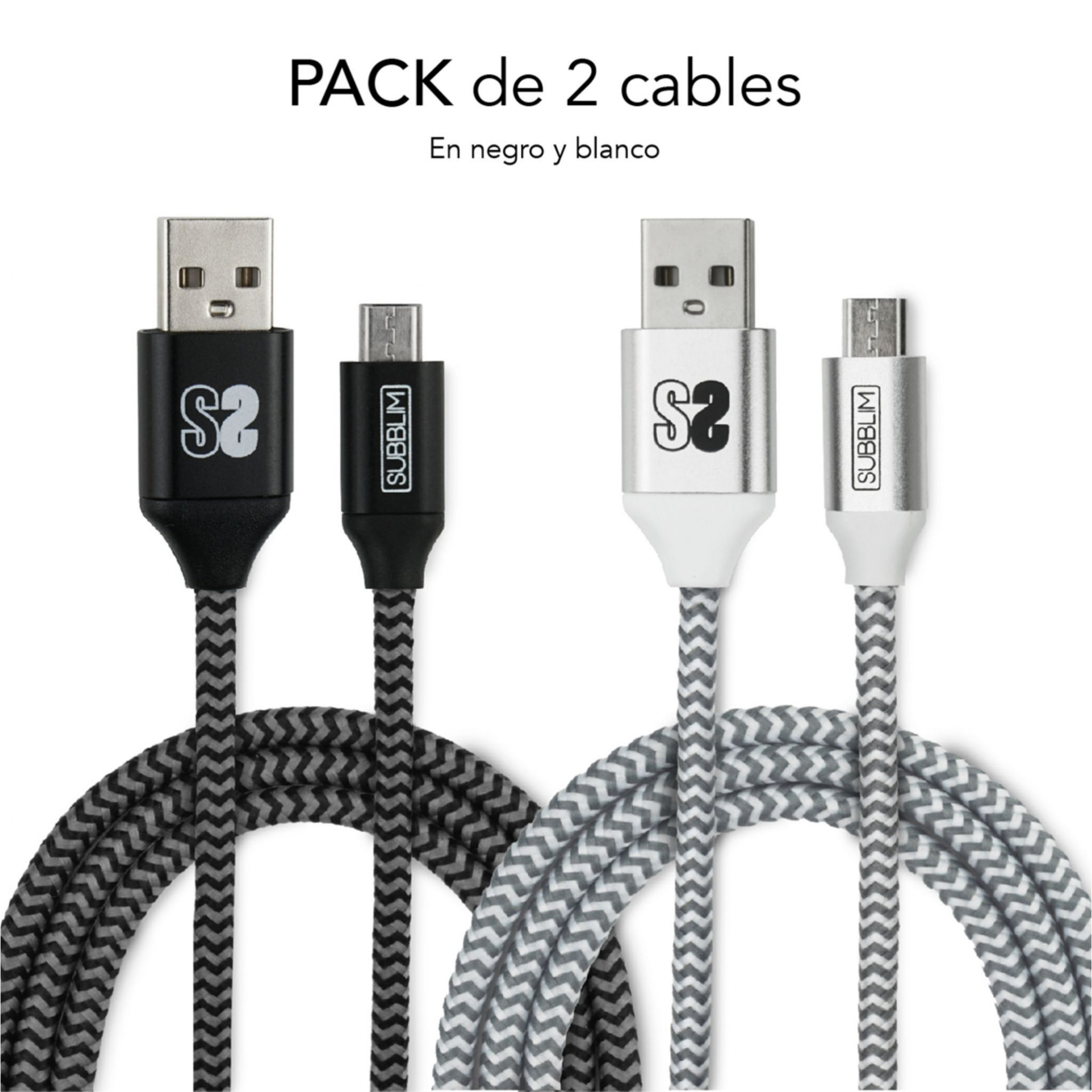 Dos cables USB con patrones en zigzag. Uno es negro, el otro blanco.
