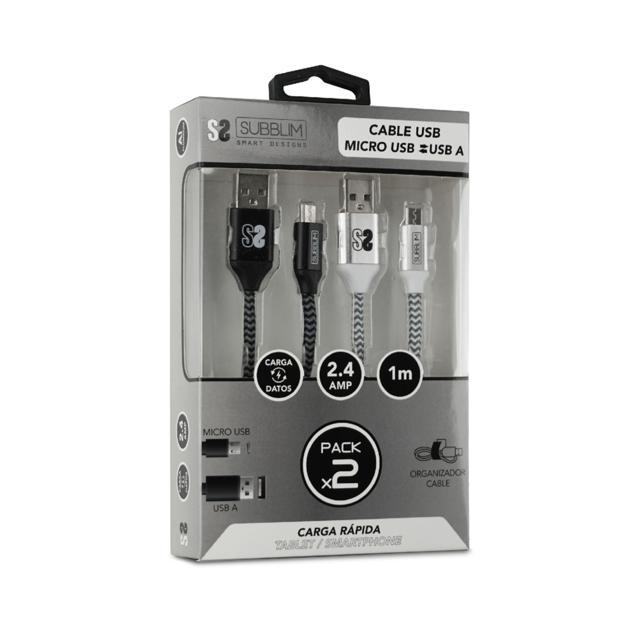 Cables USB en una caja. La caja es blanca y tiene una parte delantera transparente y texto negro.