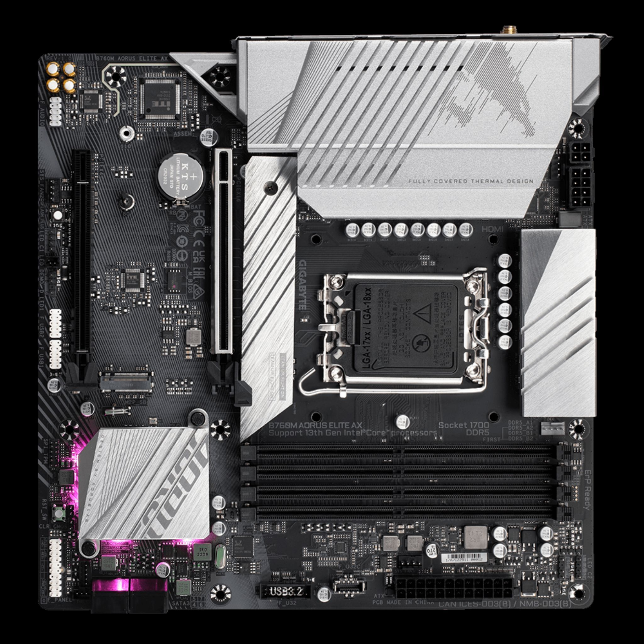 Placa base con disipadores de calor plateados, placa de circuito negra y LED rosa.