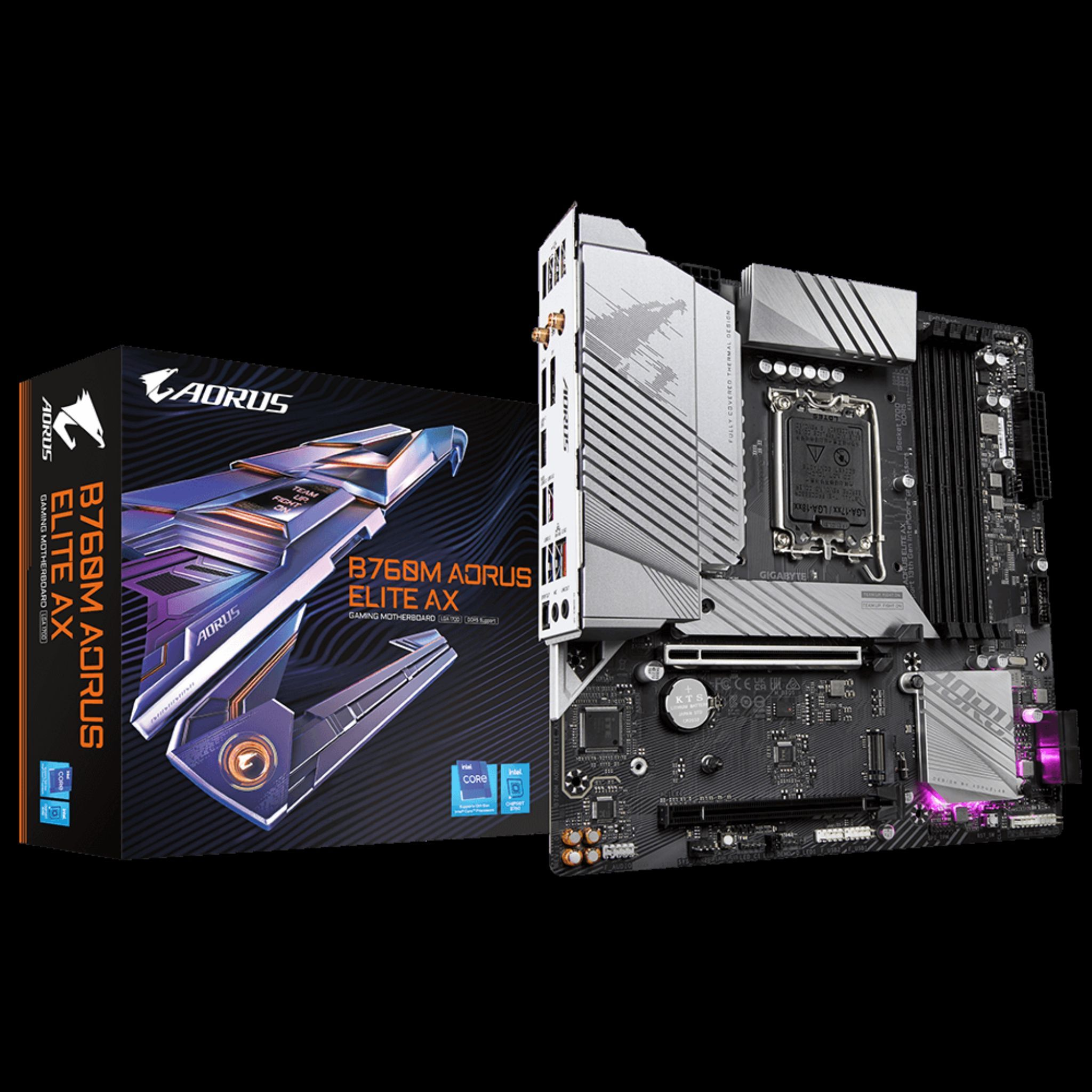 Placa base Gigabyte AORUS B768M y caja, sobre fondo oscuro. La caja muestra la imagen de la placa.