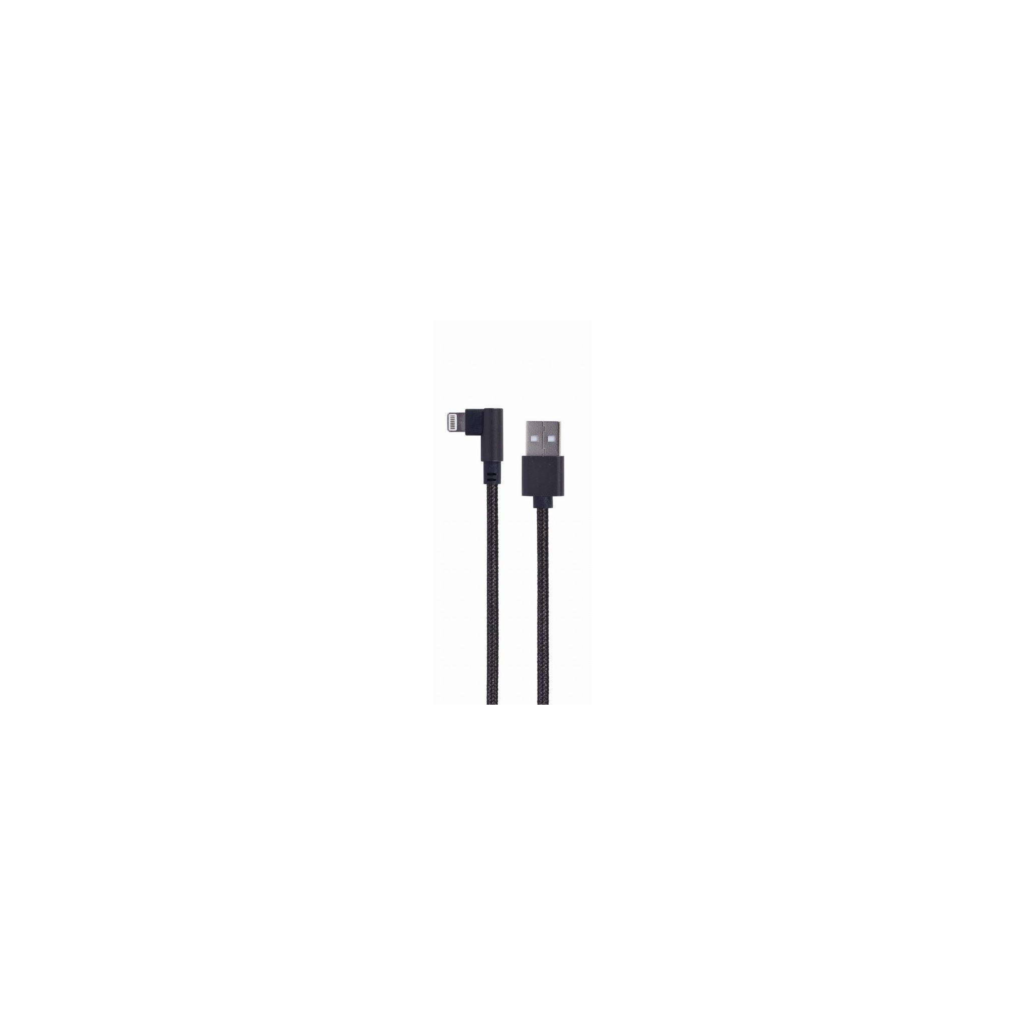 Cavo da USB a Lightning nero, vista angolata, su sfondo bianco semplice.