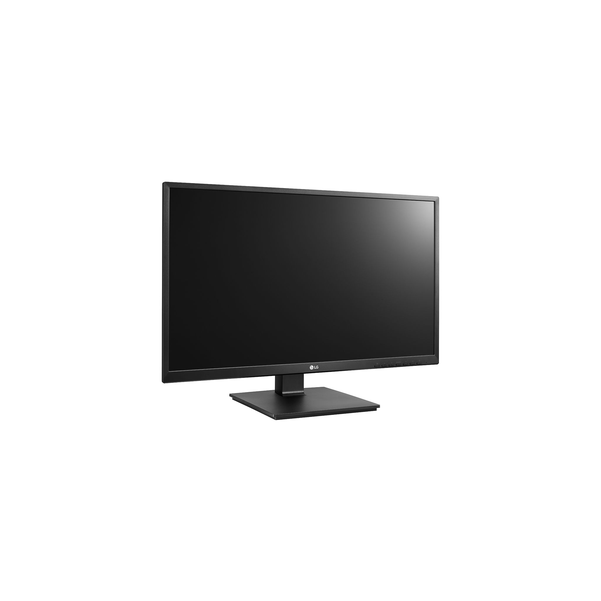 Un monitor per computer LG nero con supporto nero, su sfondo bianco.