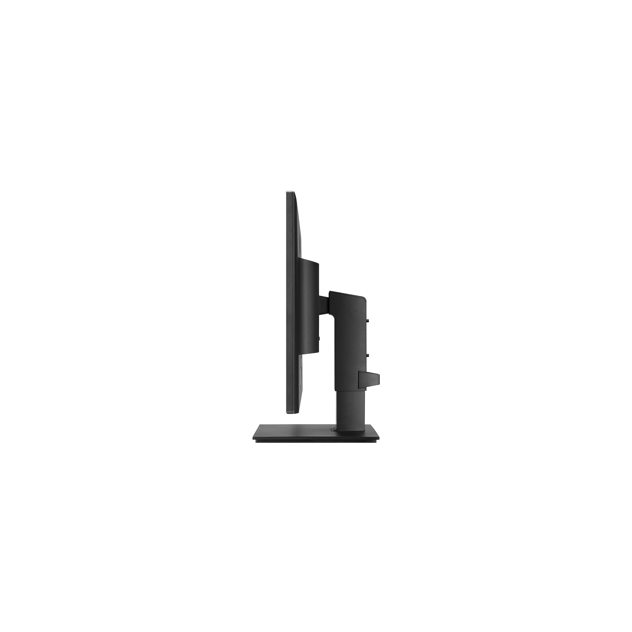 Un monitor per computer nero, vista laterale, che mostra il supporto e lo schermo.