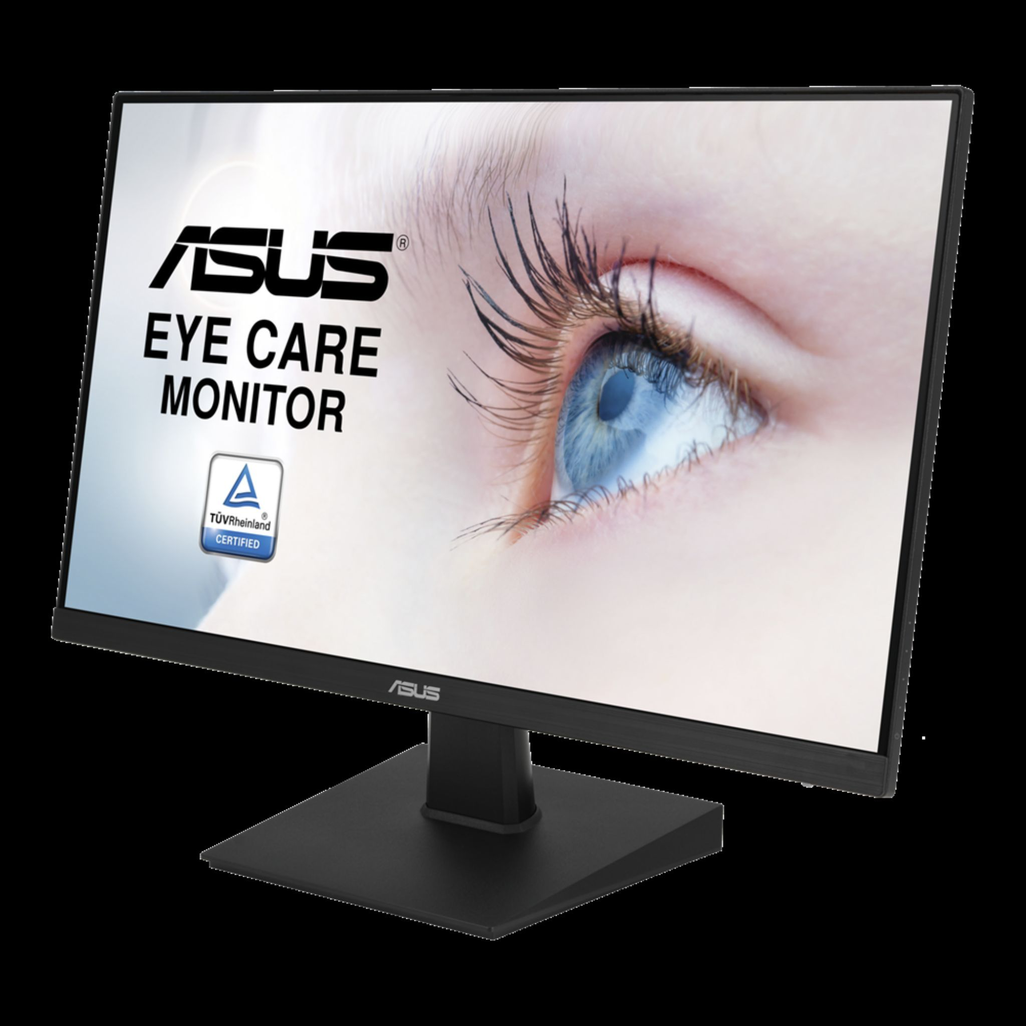 Un monitor per computer nero con un primo piano di un occhio, con il marchio ASUS.