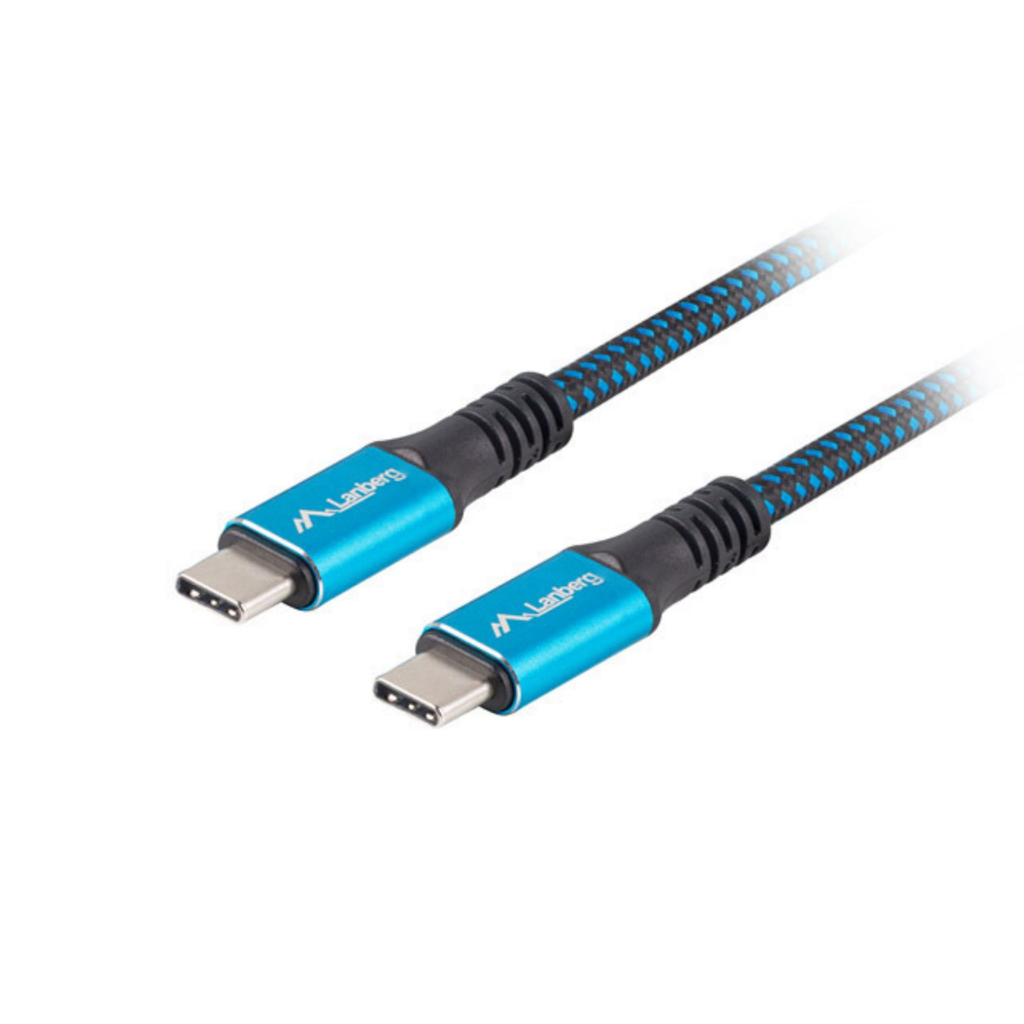 Dos cables USB-C azules y negros con conectores azules sobre fondo blanco.